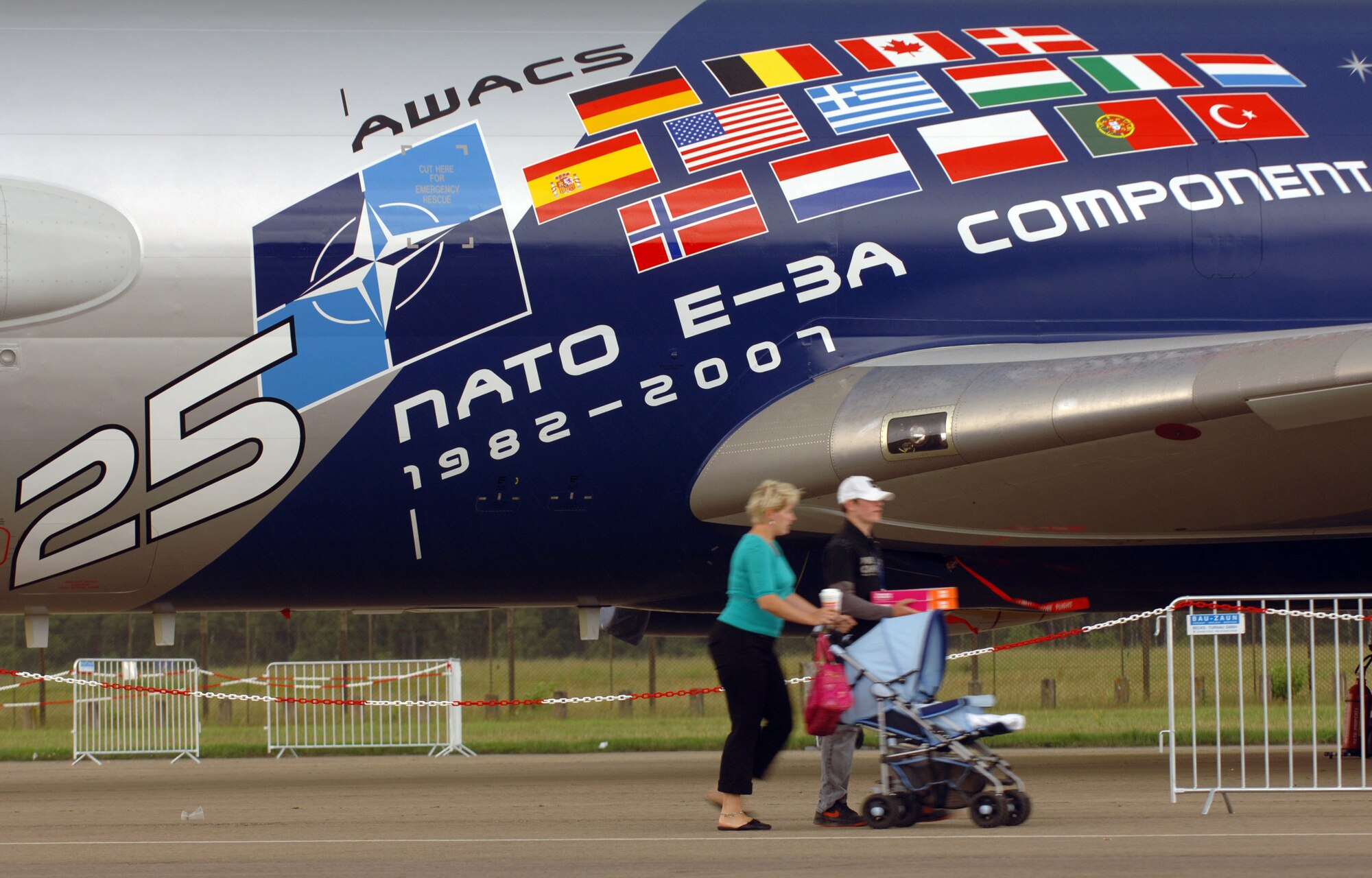 Several thousand German, Belgian and Dutch citizens visit Geilenkirchen NATO Air Base, Germany, to attend the 25th anniversary celebration of the NATO E-3 Airborne Early Warning and Control Force aircraft's initial operations out of the NATO installation in northern Germany June 16. (U.S. Air Force photo/Master Sgt. Scott Wagers)
