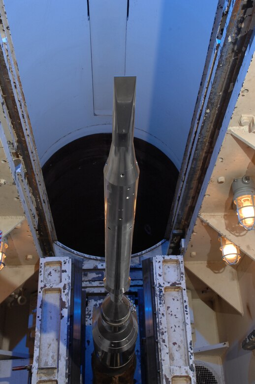 A NASA hypersonic boundary layer transition (HyBoLT) rocket model in Arnold Engineering Development Center’s von Karman Gas Dynamics Facility’s Tunnel B. (Photo by David Housch)