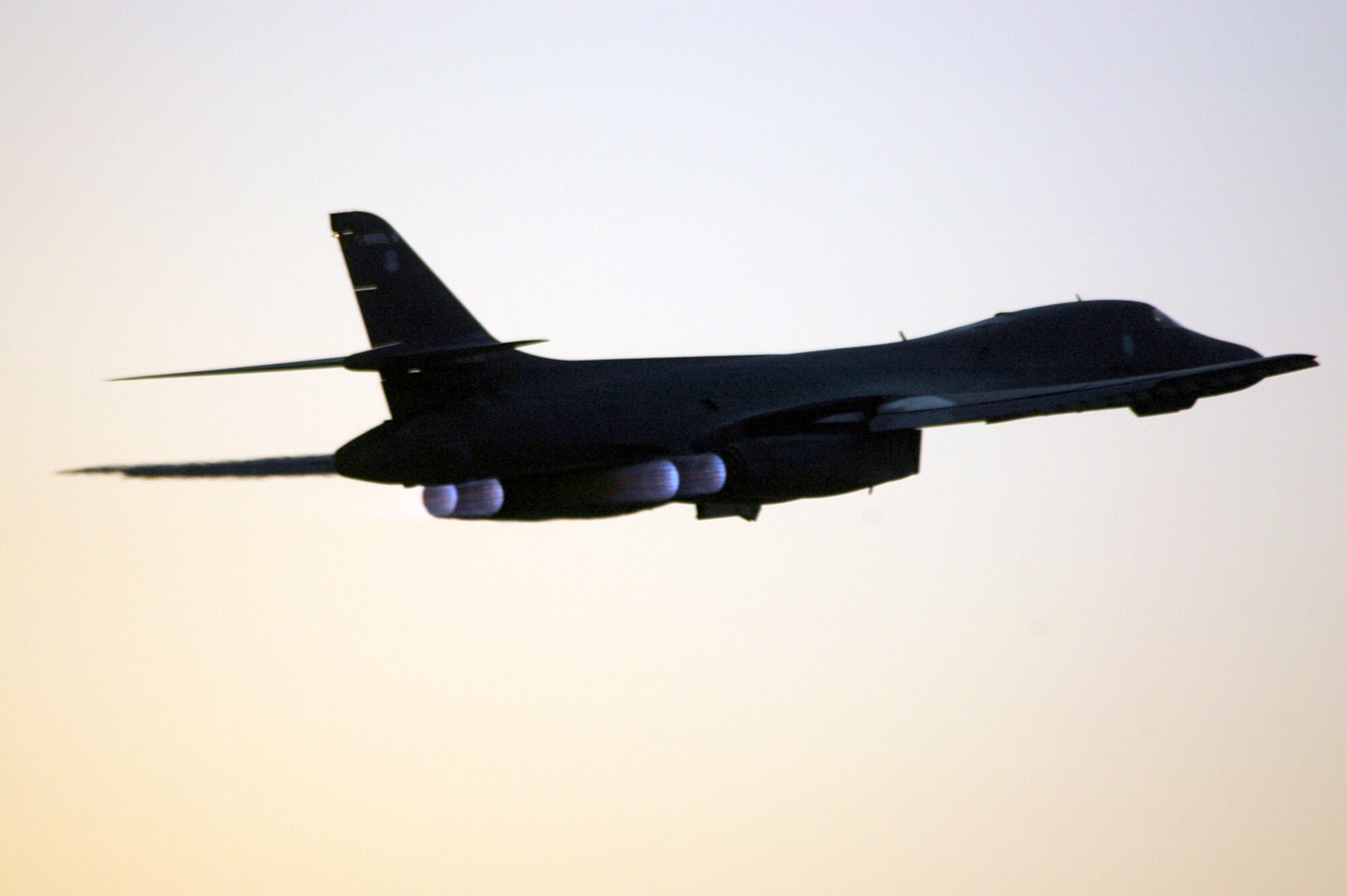 A B-1B Lancer with the 379th Air Expeditionary Wing takes of from a forward deployed location. Carrying the largest payload of both guided and unguided weapons in the Air Force inventory, the multi-mission B-1 is the backbone of America's long-range bomber force. It can rapidly deliver massive quantities of precision and non-precision weapons against any adversary, anywhere in the world, at any time. (U.S. Air Force photo/Senior Airman Clark Staehle)

