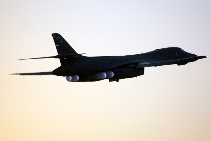 A B-1B Lancer with the 379th Air Expeditionary Wing takes of from a forward deployed location. Carrying the largest payload of both guided and unguided weapons in the Air Force inventory, the multi-mission B-1 is the backbone of America's long-range bomber force. It can rapidly deliver massive quantities of precision and non-precision weapons against any adversary, anywhere in the world, at any time. (U.S. Air Force photo/Senior Airman Clark Staehle)