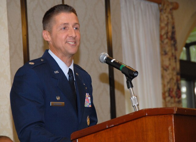 Lt. Col. Scott DeThomas, 17th Airlift Squadron commander, speaks at his Change of Command ceremony held at the Charleston Club Wednesday.(U.S. Air Force photo/Senior Airman Sam Hymas)