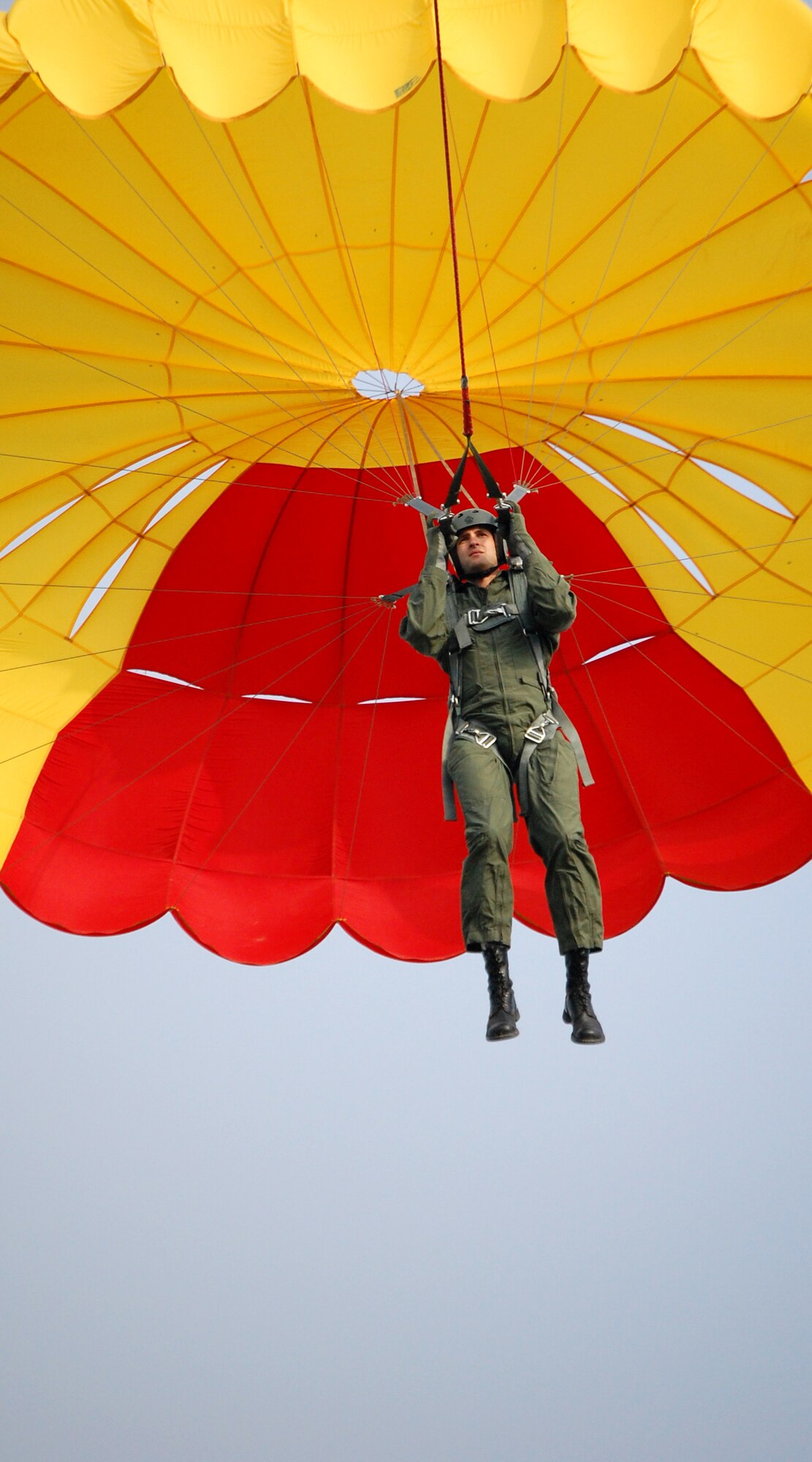 LAUGHLIN AIR FORCE BASE, Texas – A student pilot with SUPT class 08-11 soars at about 300 feet during parachute training with Laughlin’s Aerospace Physiology flight June 19.  Students “fly” twice during the training; once at 300 feet where they are pulled by a truck the entire flight, and once when a technician in the truck releases them at around 600 feet and they free fall under the parachute.  (U.S. Air Force photo by Staff Sgt. Austin M. May)