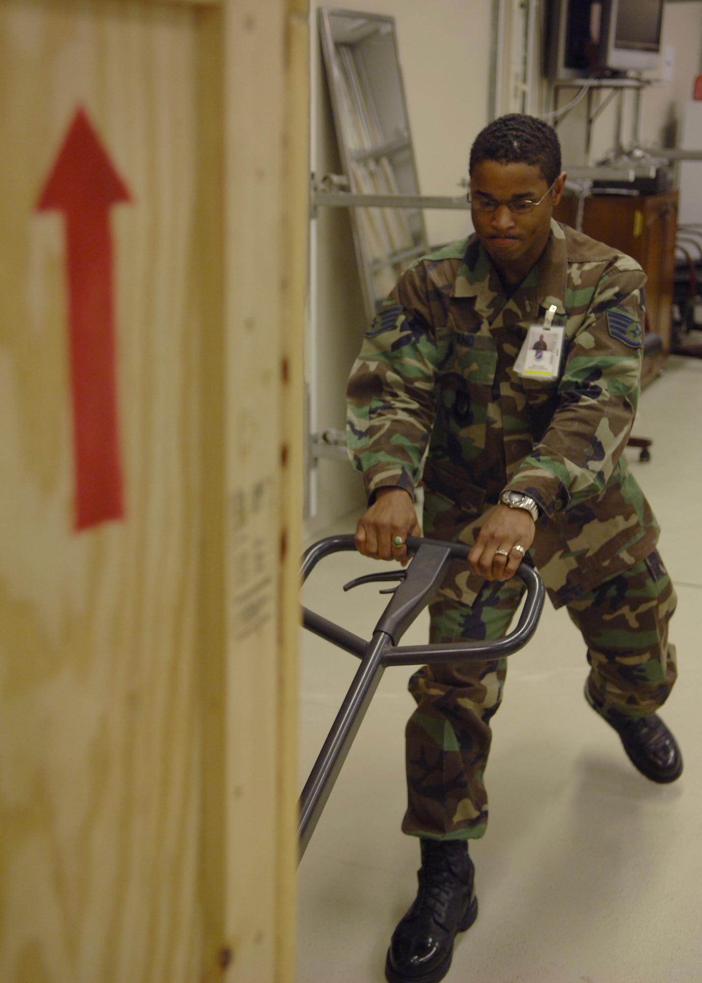 Staff Sgt. Bruce Reno, 39th Medical Group NCOIC of acquisitions management, moves a pallet of equipment June 5.  The Airmen behind the scenes at the 39th MDG help ensure Team Incirlik receives the best health care available.  (U. S. Air Force photo by Airman 1st Class Nathan W. Lipscomb)