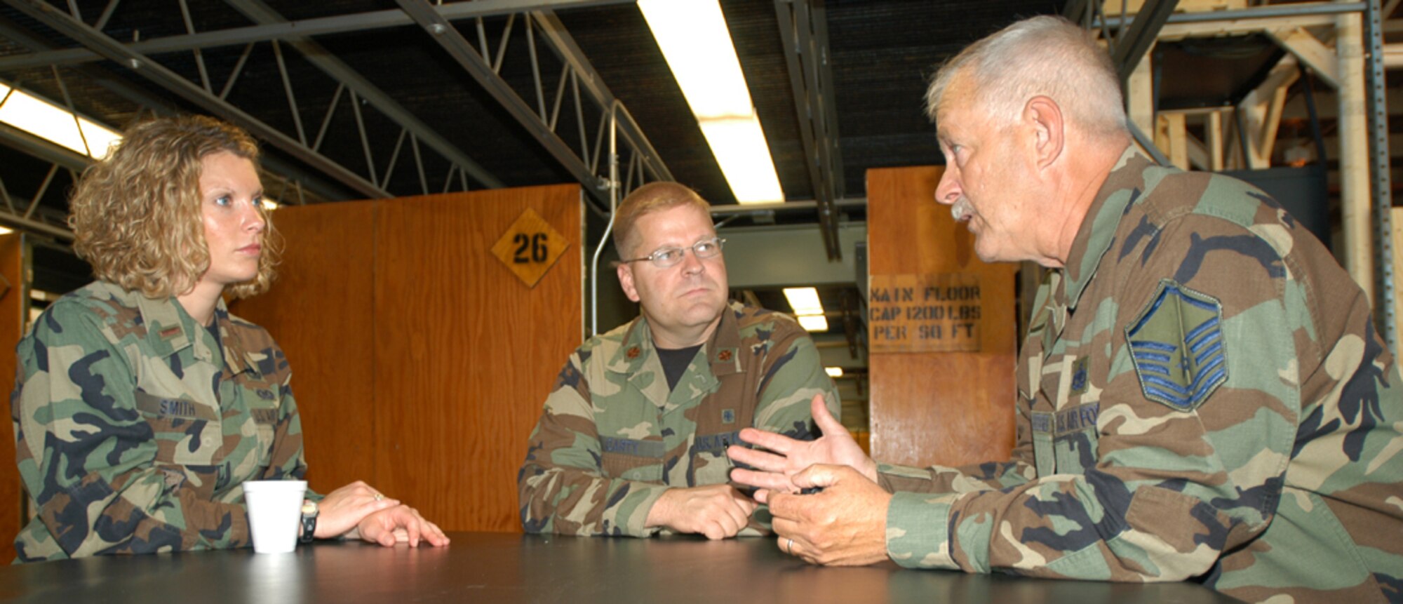 GRISSOM AIR RESERVE BASE, Ind., -- Master Sgt. Gary Hochenberger, Grissom Project TRANSAM manager, talks with Maj. Chuck Carty, Air Force Reserve Command chief of curriculum and technology, and 2nd Lt. Jessica Smith, Air National Guard Burea innovative training program manager, during a visit here June 12. Grissom hosted a group of individuals to discuss TRANSAM and future operations at the base. (U.S. Air Force photo/Tech. Sgt. Doug Hays)