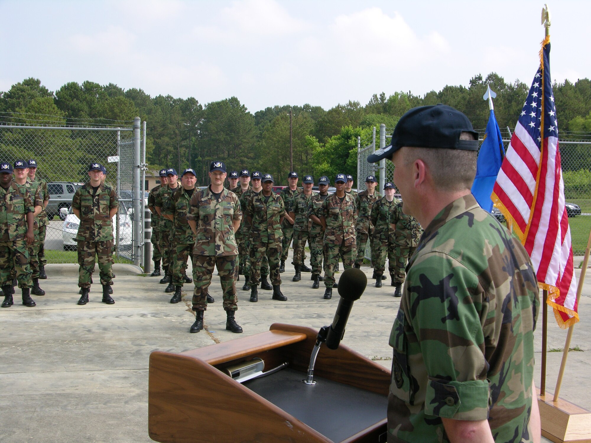 Seymour Johnson Air Force Base, N.C.--Lt. Col. James Horton, commander for the new 916th Communications Squadron, addresses his troops during a ceremony held on the June unit training assembly. The 716th Communication Flight and the 916th Communication Flight merged to form this new squadron in May. The 916th CF is part of the Air Force Reserve located in Goldsboro, N.C.