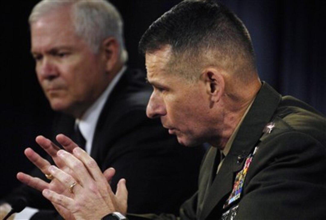 Chairman of the Joint Chiefs of Staff Gen. Peter Pace, U.S. Marine Corps, answers a reporter's question during a press conference with Secretary of Defense Robert M. Gates at the Pentagon on June 21, 2007.  Pace and Gates updated reporters on the current operations in Iraq.  