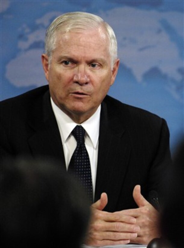 Secretary of Defense Robert M. Gates answers a reporter's question during a press conference at the Pentagon on June 21, 2007.  Chairman of the Joint Chiefs of Staff Gen. Peter Pace, U.S. Marine Corps, joined Gates in updating reporters on the current operations in Iraq.  