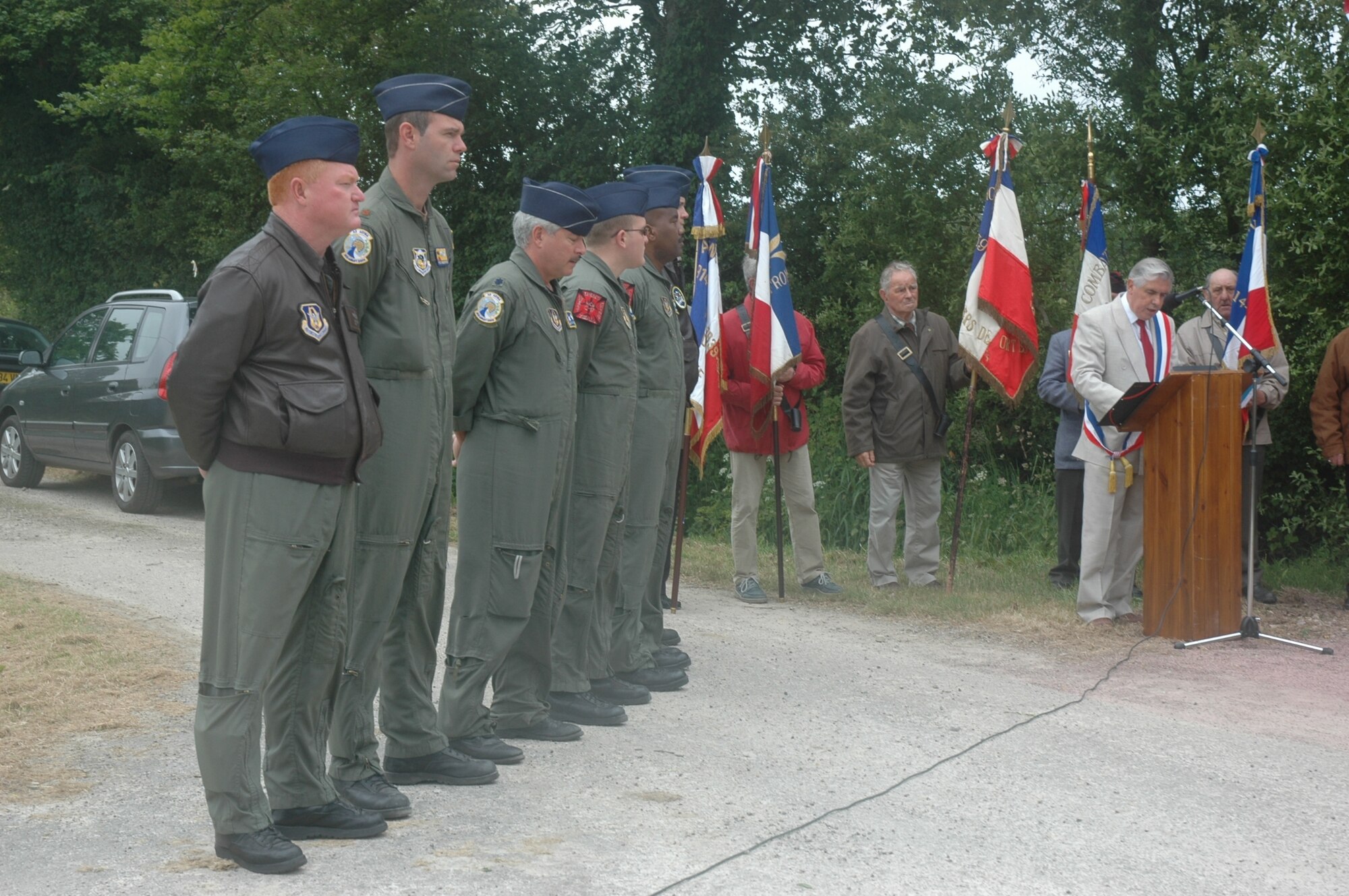 Crew members from the 729th Airlift Squadron at March Air Reserve Base, Calif., and 315th Airlift Wing at Charleston AFB, S.C., flew to Etienville, France, earlier this month to participate in a memorial ceremony in honor of P-47 Thunderbolt pilot, Lt. Joseph Lyndon Piche. Piche died July 17, 1944, while attempting to return his aircraft to base during the D-Day invasion. The memorial was erected as a reminder to all of the men and women who gave their lives during WW II. (U.S. Air Force photo by Staff. Sgt. Joe Davidson)