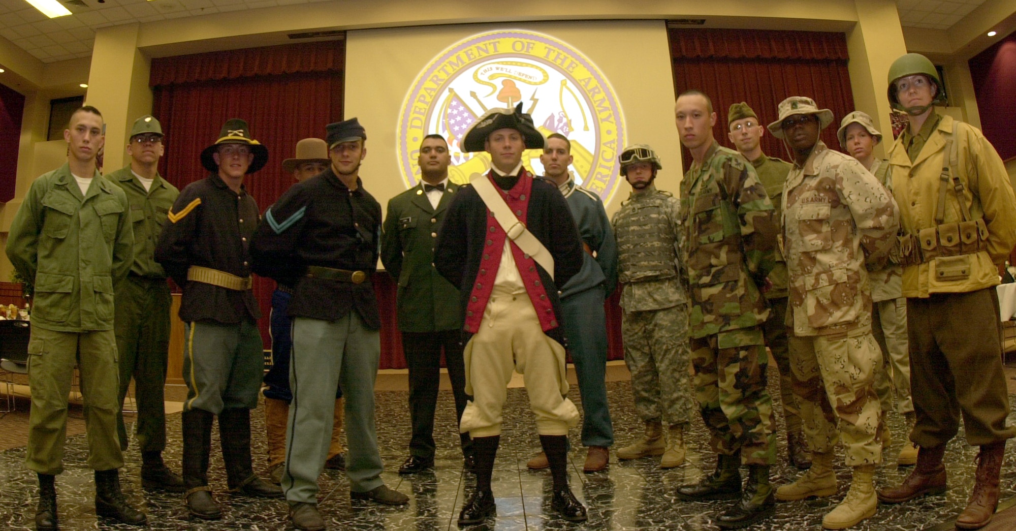 Fourteen student Soldiers from the 344th Military Intelligence Battalion showcased the rich, illustrious heritage of their service by wearing uniforms from different eras of the Army’s history at the Army Ball Saturday at the C.J. Davidson Conference Center at Angelo State University. (U.S. Air Force photo by Airman 1st Class Luis Loza Gutierrez)