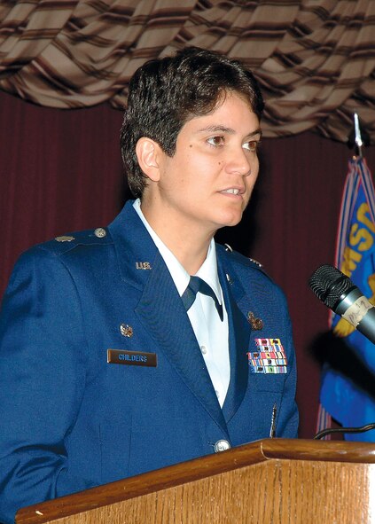 Lt. Col. Lisette Childers addresses Airmen of the 72nd Security Forces Squadron after assuming command of the squadron during a June 18 ceremony. (Air Force photo by Kirk McPheeters)