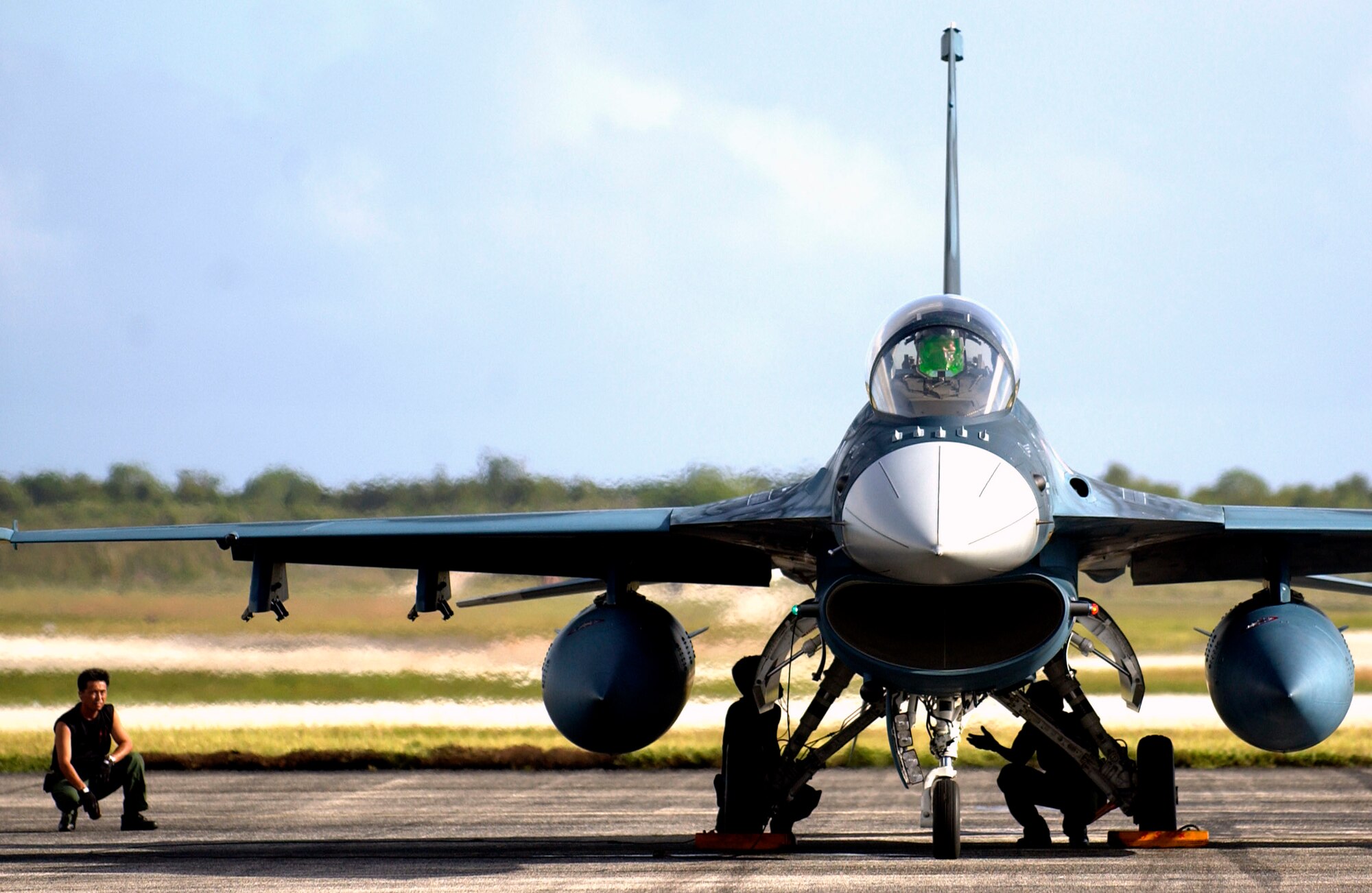 A Japan Air Self Defense Force F-2 fighter prepares for take off June 20 at Andersen Air Force Base, Guam. The F-2 fighters are deployed here as part of Exercise Cope North, a bilateral field training exercise conducted to increase combat readiness and interoperability, concentrating on coordination and evaluation of air tactics, techniques, and procedures between U.S. forces and the JASDF.(U.S. Air Force photo/Senior Airman Miranda Moorer)        
