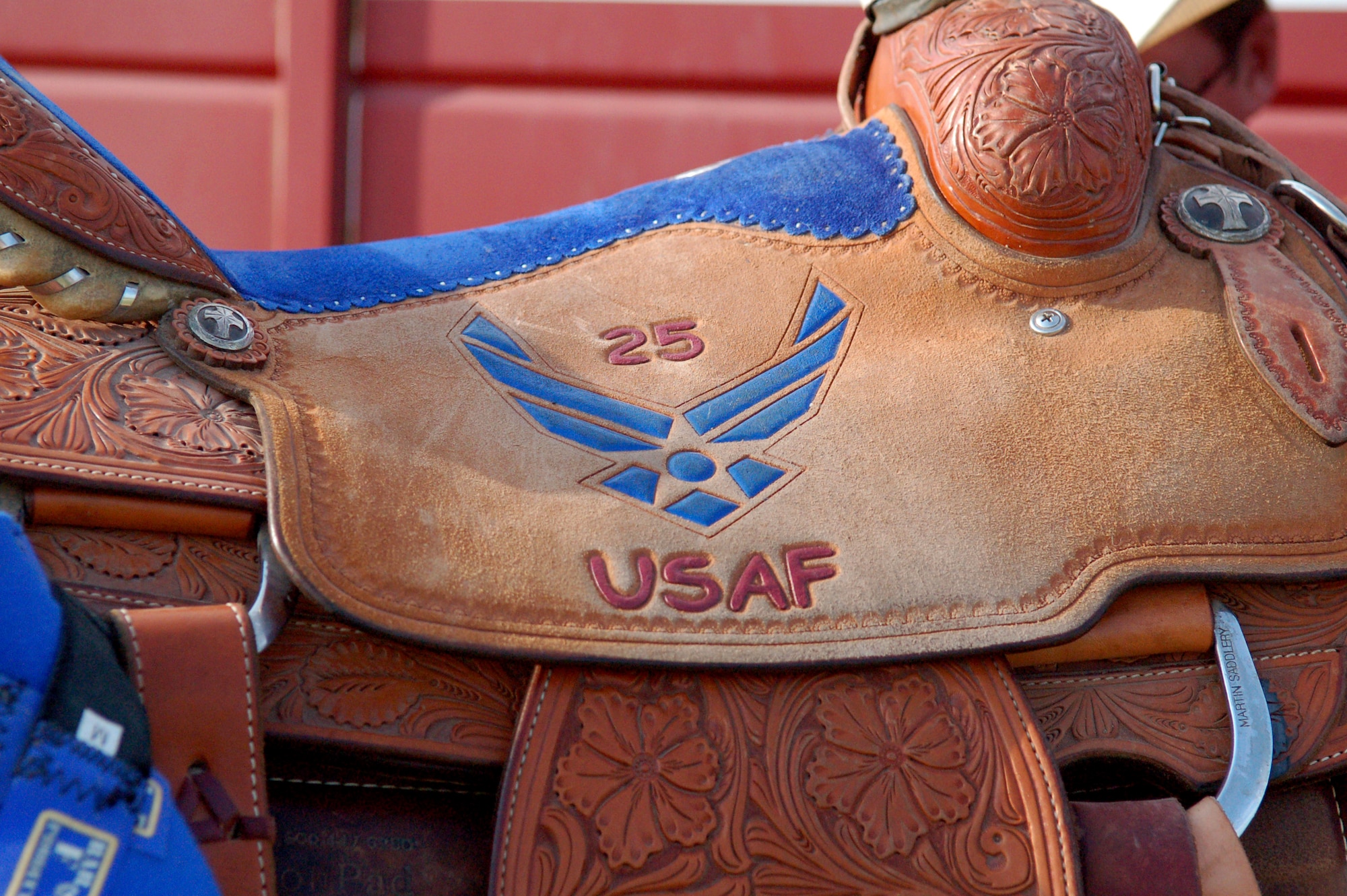 DEL RIO, Texas – A retirement gift from his wife, Jeff Scott’s saddle sports the Air Force emblem, the number 25 as a tribute to his years in the service.  Written on the back of the seat, or cantle, is “master sergeant,” the rank he held when he retired.  (U.S. Air Force photo by Staff Sgt. Austin M. May)