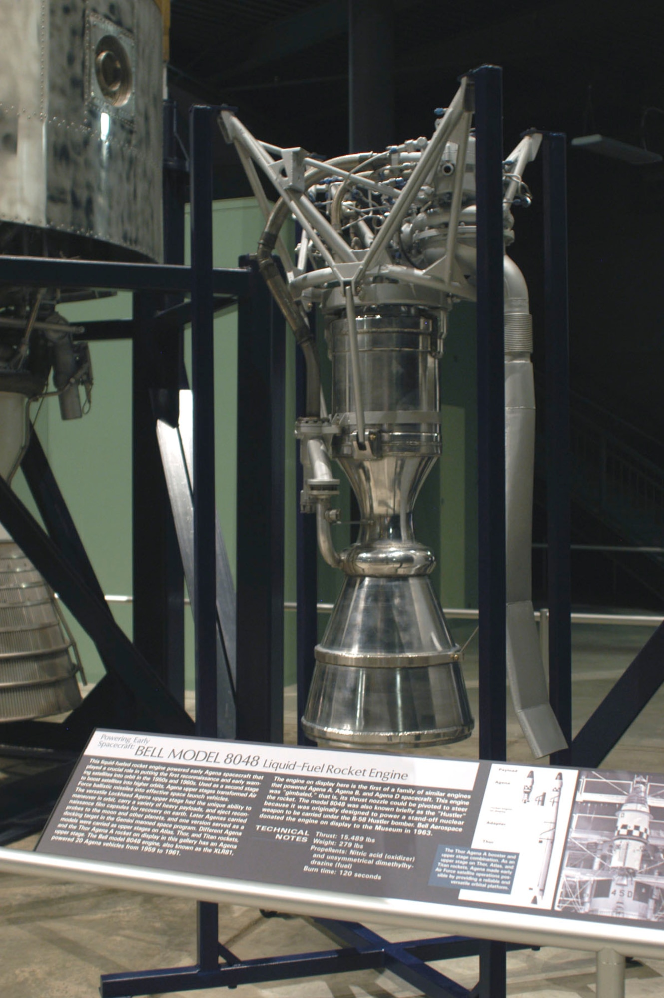 DAYTON, Ohio -- Bell Model 8048 liquid-fuel engine on display in the Missile & Space Gallery at the National Museum of the United States Air Force. (U.S. Air Force photo)