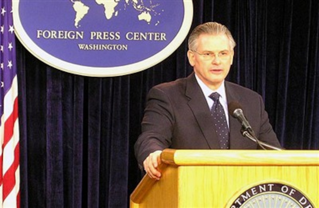 Principle Deputy Under Secretary of Defense for Policy Ryan Henry briefs reporters at the Foreign Press Center, June 22, 2007, on the recent U.S. Department of Defense and State Department delegation consultation visit to African nations to discuss the Africa Command. This was the second consultation trip in two months.