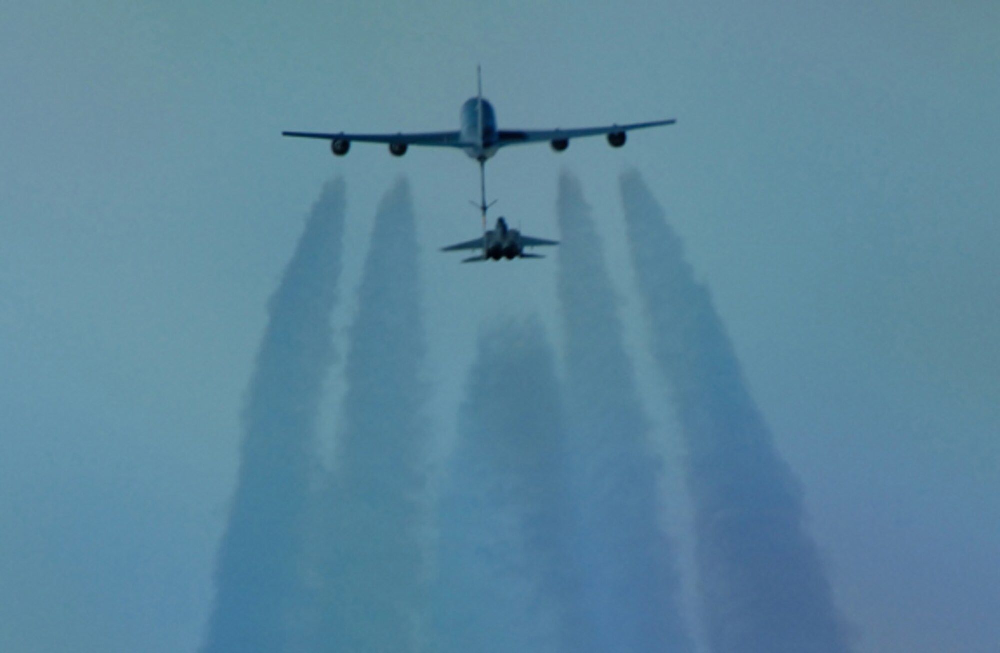 An F-15E Strike Eagle is refueled by a KC-135 Stratotanker during opertions over Southwest Asia. (U.S. Air Force photo/Master Sgt. Robert Wieland)