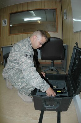 Senior Airman Matthew Madsen, 704th Expeditionary Support Squadron maintenance operations controller stationed at Fort Hood Texas and native of Lemars Iowa, inspects a Remotely Operated Video Enhanced Receiver or ROVER. ROVER kits include antennas that feed real-time full-motion video from aircraft to ground forces and radios for them to exchange information. ROVERs increase the communication ability by reducing talk-time required to get the aircrew’s eyes on target. (U.S. Air Force photo by Capt. Teresa Sullivan)