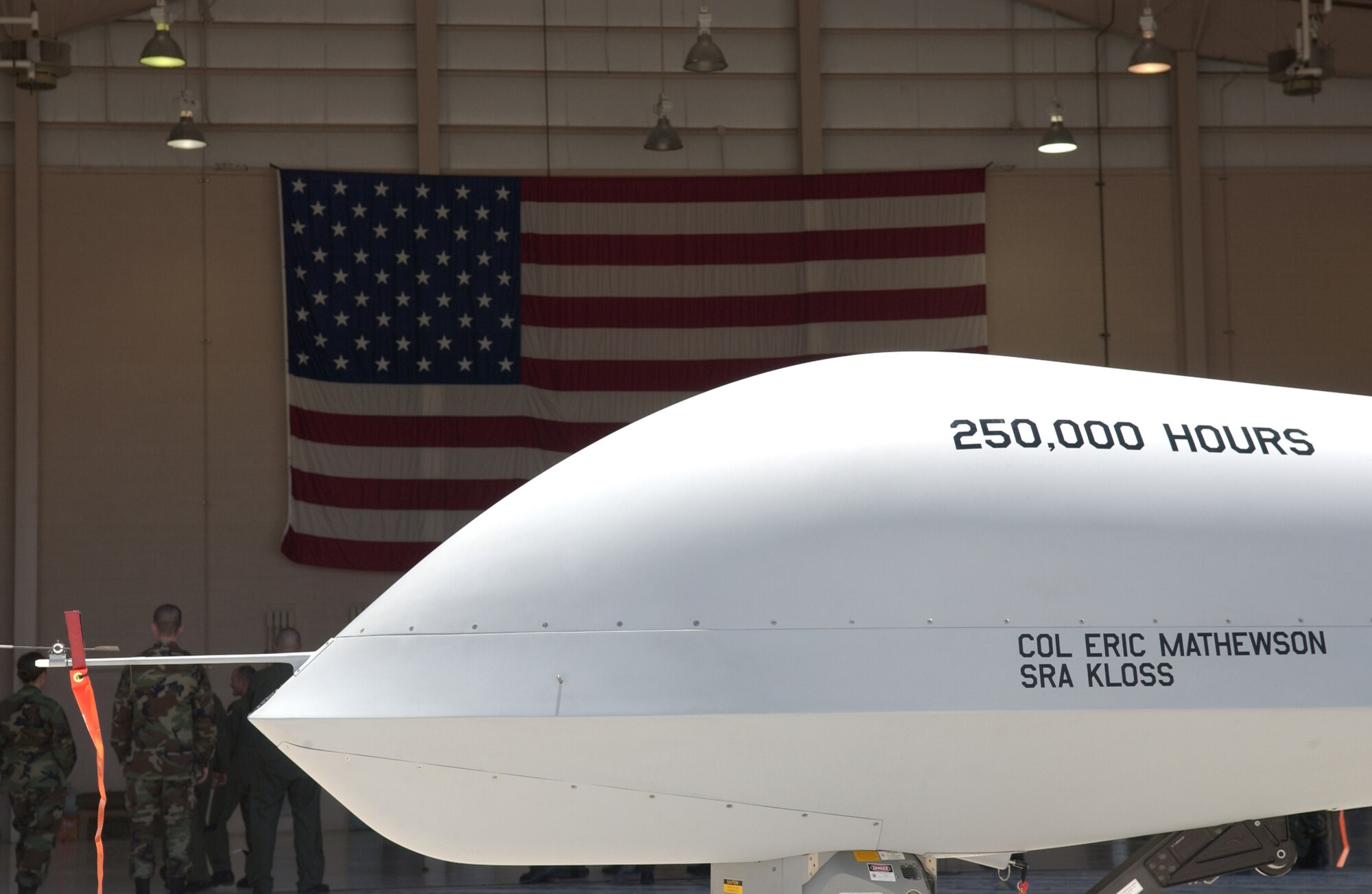 The MQ-1 Predator sits on display after commemorating the 250,000th flight hour June 22, 2007, at Creech Air Force Base, Nev. The MQ-1 Predator is assigned to the 11th Reconnaissance Squadron at Creech. (U.S Air Force Photo by Senior Airman Larry E. Reid Jr.)
