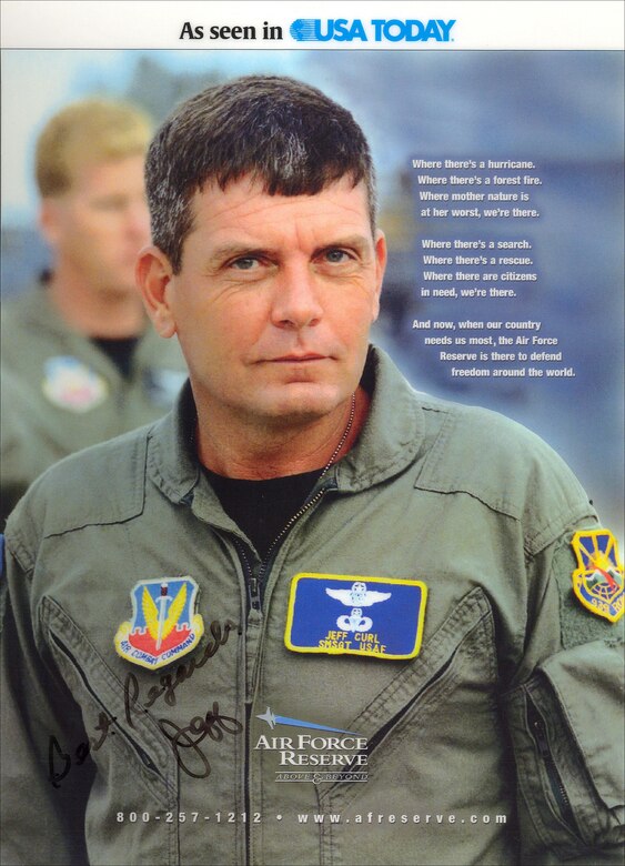 PATRICK AIR FORCE BASE - Air Force Reserve pararescueman, Chief Master Sgt. Jeff Curl, prior to his retirement, made his final jump as a PJ with the 920th Rescue Wing June 21.  The senior pararescueman has been the "poster child" for the rescue wing as his image was used on various national Air Force Reserve advertisements for pararescue.  Chief Curl began his career on active duty here as a young Airman weather observer then cross-trained into pararescue in the Air Force Reserve.  His 28-year career has brought him back to Patrick for the last 15 years.  The Chief said he plans to seek employment in the local area upon retirement. 