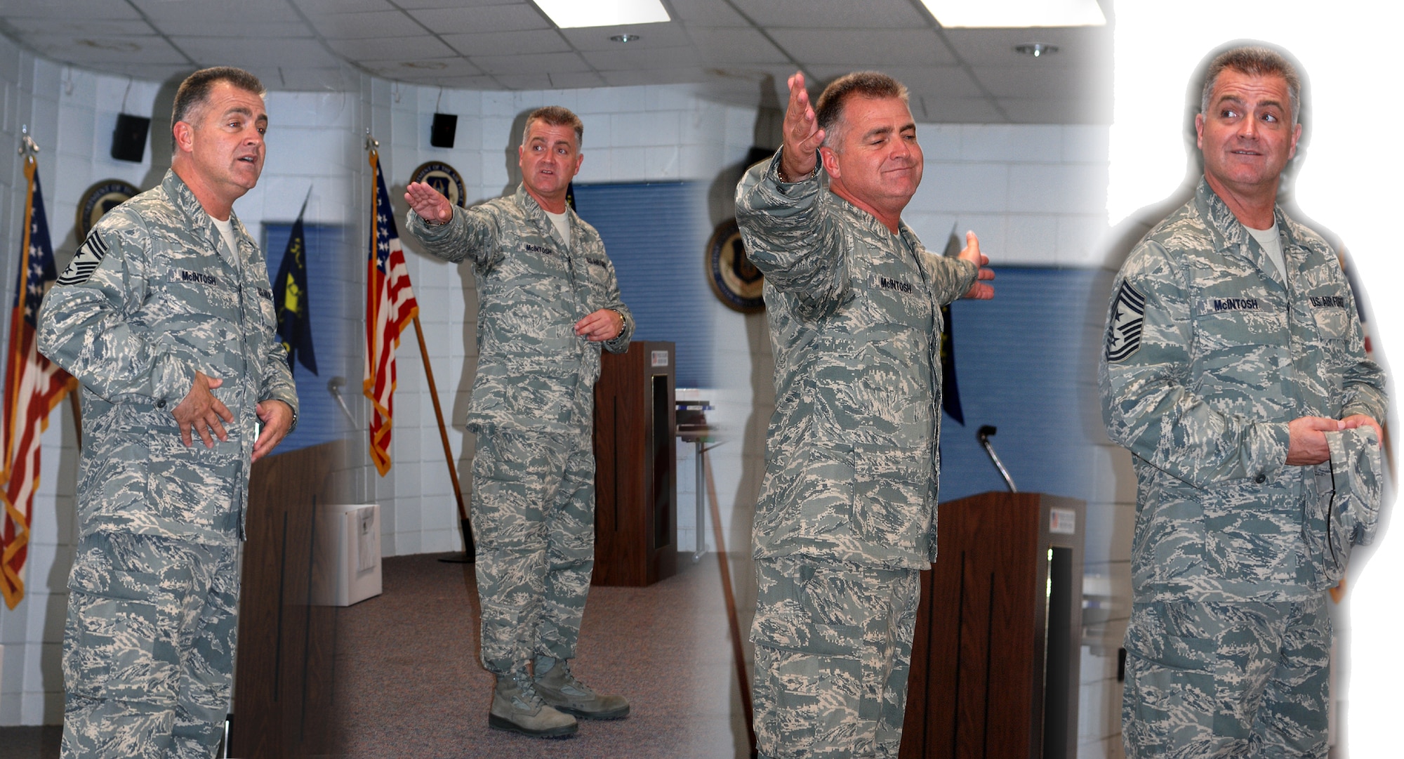 Air Force Reserve Command's Command Chief Master Sgt. Troy J. McIntosh recently visited various squadrons within the 301st Fighter Wing during a June visit to praise the troops and pass on his insight of the future. While visiting the 301st Civil Engineer Squadron he modeled and elaborated on the new Air Force utility uniform's features. (U.S. Air Force Photo/Tech. Sgt. Julie Briden-Garcia)