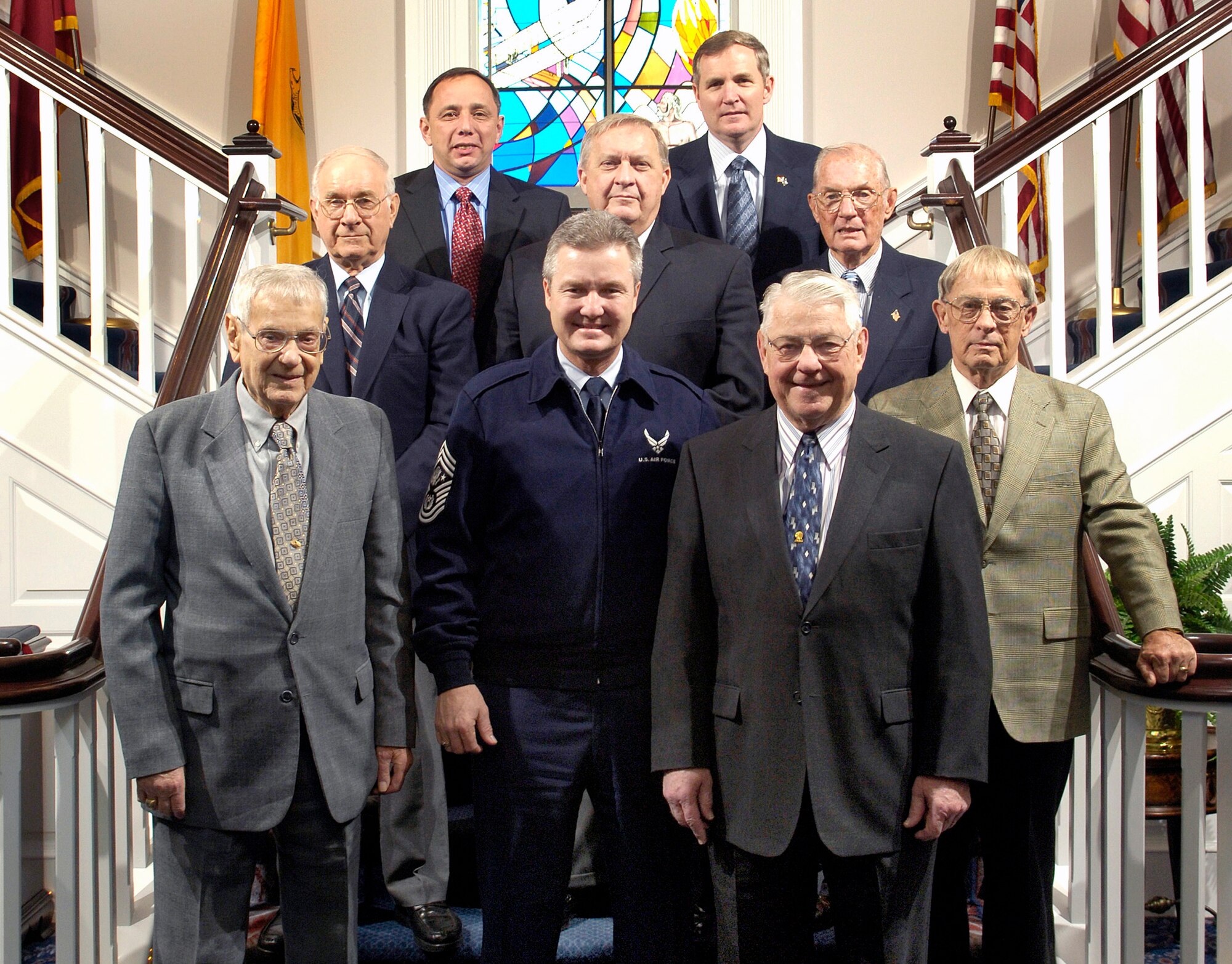 Former chief master sergeants of the Air Force gathered Feb. 14, 2006, with then CMSAF Gerald Murray.  From left, front row, are Paul Airey, Gerald Murray, Robert Gaylor, Gary Pfingston, Sam Parish, James Binnicker, James McCoy, Frederick Finch and Eric Benken. Chief Pfingston died of cancer June 23 in San Antonio. (U.S. Air Force photo/Senior Airman Daniel R. DeCook) 