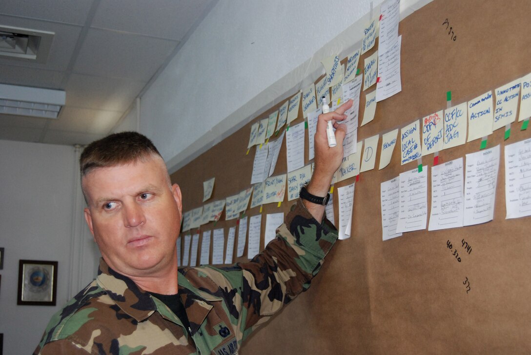Master Sgt. Todd Nappe reviews the process for handling traffic citations June 13 at Spangdahlem Air Base, Germany. By using Air Force Smart Operations for the 21st Century, or AFSO21, Airmen in the 52nd Security Forces Squadron are working to streamline the way tickets are processsed. (U.S. Air Force photo/Staff Sgt. Jared Frey) 