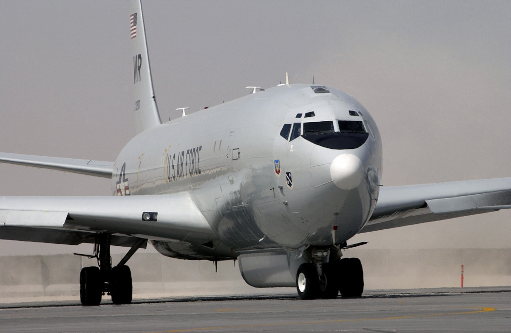 An  Air Force E-8C Joint Surveillance Tracking Acquisition Reconnaissance System, or J-STARS, aircraft assigned to the 128th Expeditionary Air Command and Control Squadron taxis prior to take-off on a combat sortie in support of Operation IRAQI FREEDOM. (U.S. Air Force photo/Staff Sgt. Aaron D. Allamon II)
