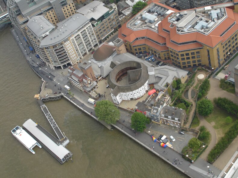 Below is Shakespeare’s Globe Theatre, completed in 1997. It’s a modern reconstruction of the original theatre destroyed by fire in 1613. Rebuilt in 1614, like other theatres in London, it was closed by the Puritans in 1642, and destroyed in 1644 to build tenements.  (U.S. Air Force photo)
