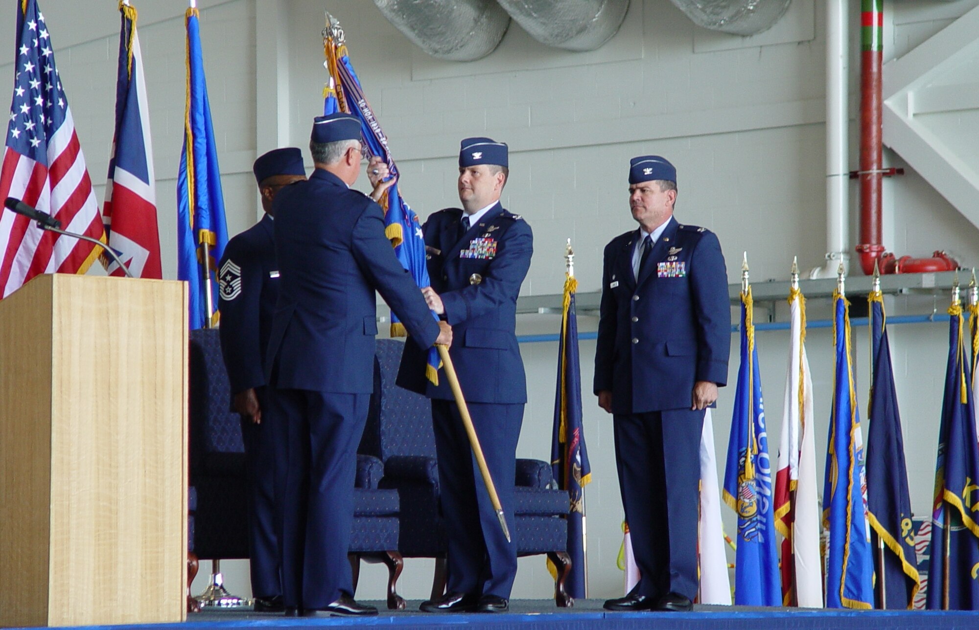 Col. Marshall (Brad) Webb assumes command of the 352nd Special Operations Group, June 23, 2005. During his tenure, the unit passed it’s Operational Readiness Inspection in October 2005, and in July he led the “Quiet Professionals” in air operations to support the American Embassy and non-combatant evacuations in Lebanon. (U.S. Air Force photo by Master Sgt. Dennis Brewer)