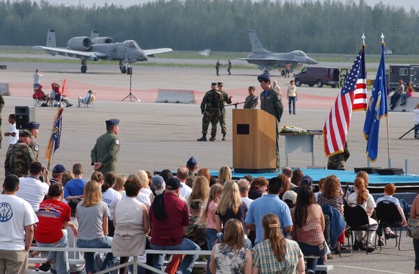 EIELSON AIR FORCE BASE, Alaska-- More than 100 community members and Airmen attended a flag-folding ceremony for the 355th Fighter Squadron and the 18th FS June 23 during the 2007 Soaring into Solstice Open House. (U.S. Air Force photo by Senior Airman Justin Weaver)