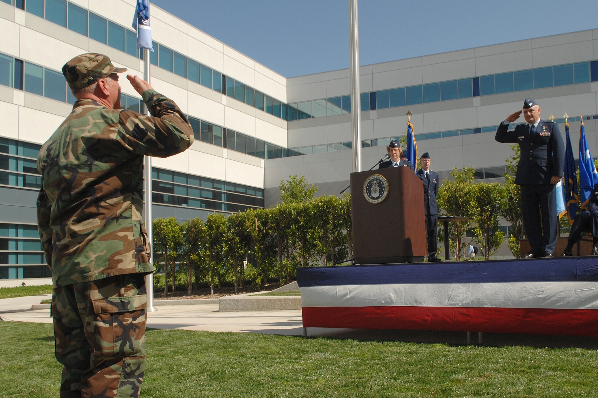 New GPS Wing Commander Col. David Madden salutes the wing’s Airmen at the wing’s change of command ceremony held June 18. (Photo by Stephen Schester)
