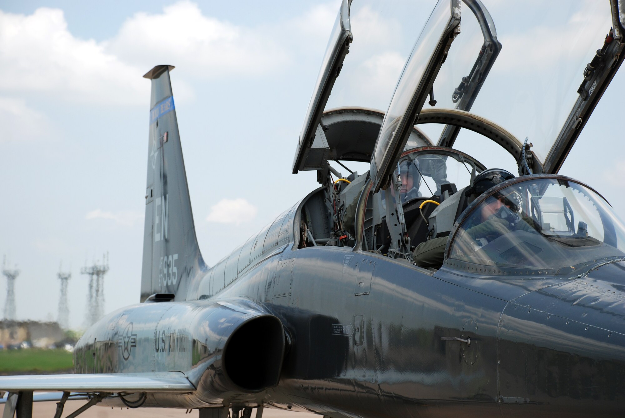 Cadet 3rd Class Ryan Nissim, a rising sophomore at the U.S. Air Force Academy, and 1st Lt. Justin Lewis, an instructor pilot with the 90th Flying Training Squadron, prepare to taxi out during Cadet Nissim's incentive flight June 18. (U.S. Air Force photo/Airman 1st Class Jacob Corbin)