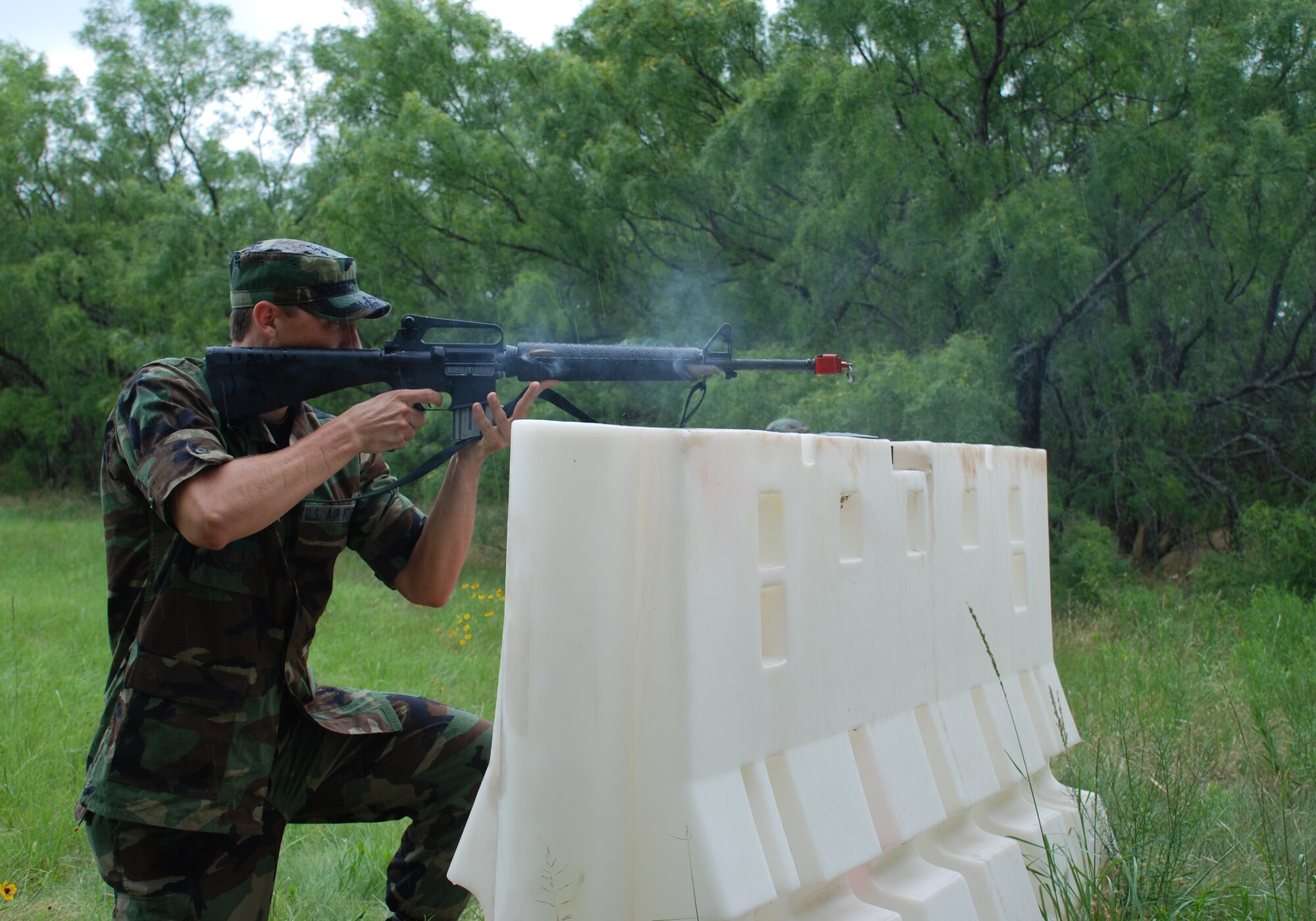 Cadet 3rd Class Victor Shealy discharges his weapon during combat skills training June 8. Cadet Shealy is visiting Sheppard as part of Operation Air Force. (U.S. Air Force photo/Airman 1st Class Jacob Corbin)