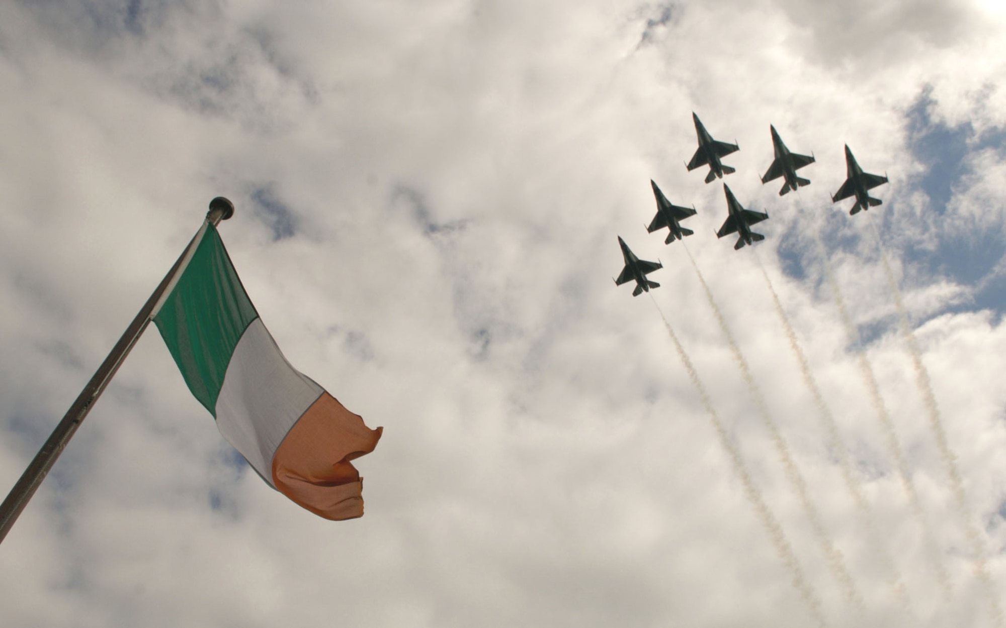 The Air Force Thunderbirds perform their Delta formation over the Salthill air show in Galway, Ireland, June 22.  This is the first time in the team's 54-year history the Thunderbirds have performed over Irish soil. (U.S. Air Force Photo/Staff Sgt. Kristi Machado)