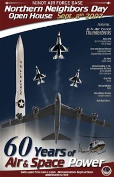 MINOT AIR FORCE BASE, N.D. – The official poster and logo design for 2007’s Northern Neighbors Day has been selected out of entries submitted to the annual design contest. The winning entry for 2007 was submitted by Senior Airman Dan Sutton, 91st Missile Maintenance Squadron. The NND open house will be held Sept. 8, 2007. Admission and parking are free. (U.S. Air Force graphic by Senior Airman Dan Sutton)