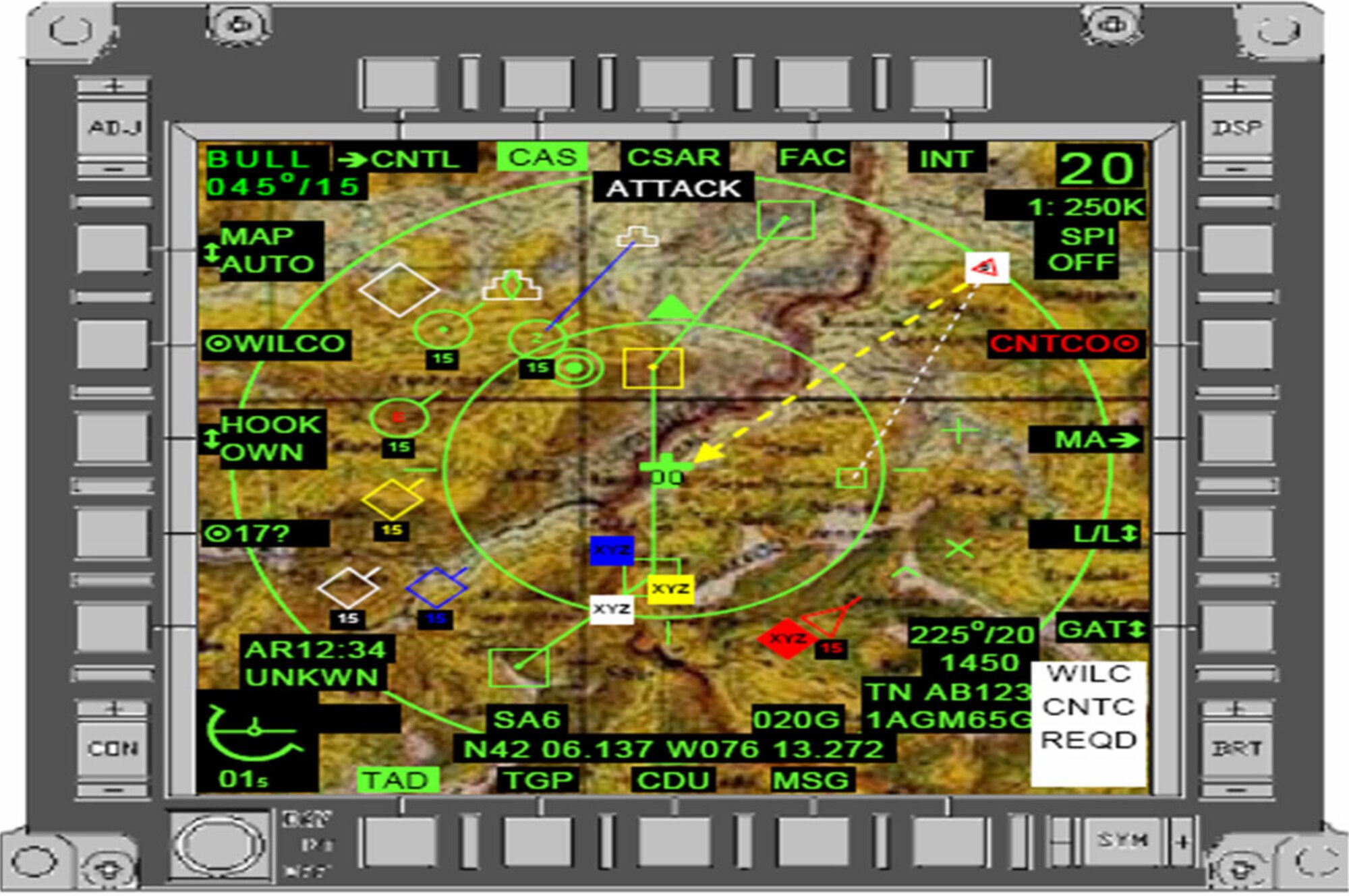 The most significant change to the A-10C is the addition of the Situational Awareness Data Link, or SADL.  With SADL, the A-10C joins a massive “internet-like” network of land, air, and sea systems.  Each individual member “uploads” information for other platforms to see and use, and “downloads” information that it can use to better perform its mission. Pictured is a representation of what the dat link looks like to pilots. (Courtesy graphic)