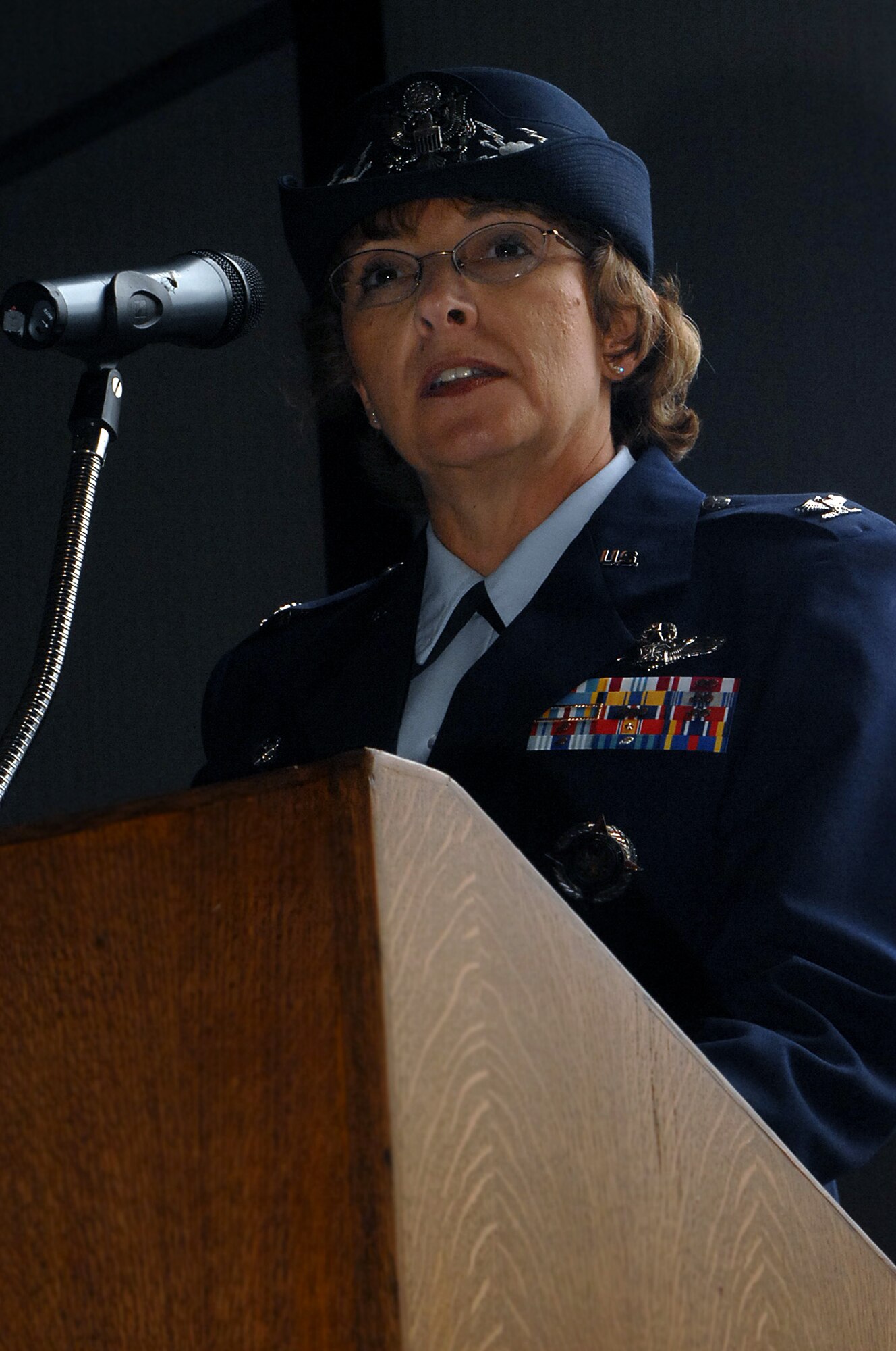 Col. Eden J. Murrie speaks to members of Team Mildenhall during the 100th Air Refueling Wing change of command ceremony in Hangar 814, June 22 at 10 a.m. Colonel Murrie comes to RAF Mildenhall from Supreme Headquarters Allied Powers Europe, Belgium. (U.S. Air Force photo by Senior Airman Teresa Hawkins)
