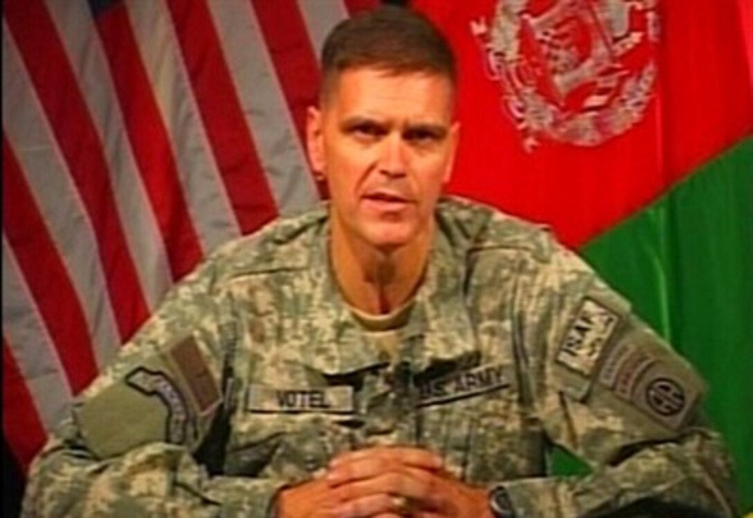 U.S. Army Brig. Gen. Joseph Votel, deputy commanding general for Operations for Combined Joint Task Force-82, speaks via satellite with reporters at the Pentagon, June 26, 2007, providing an update on ongoing security and stability operations in Afghanistan. 