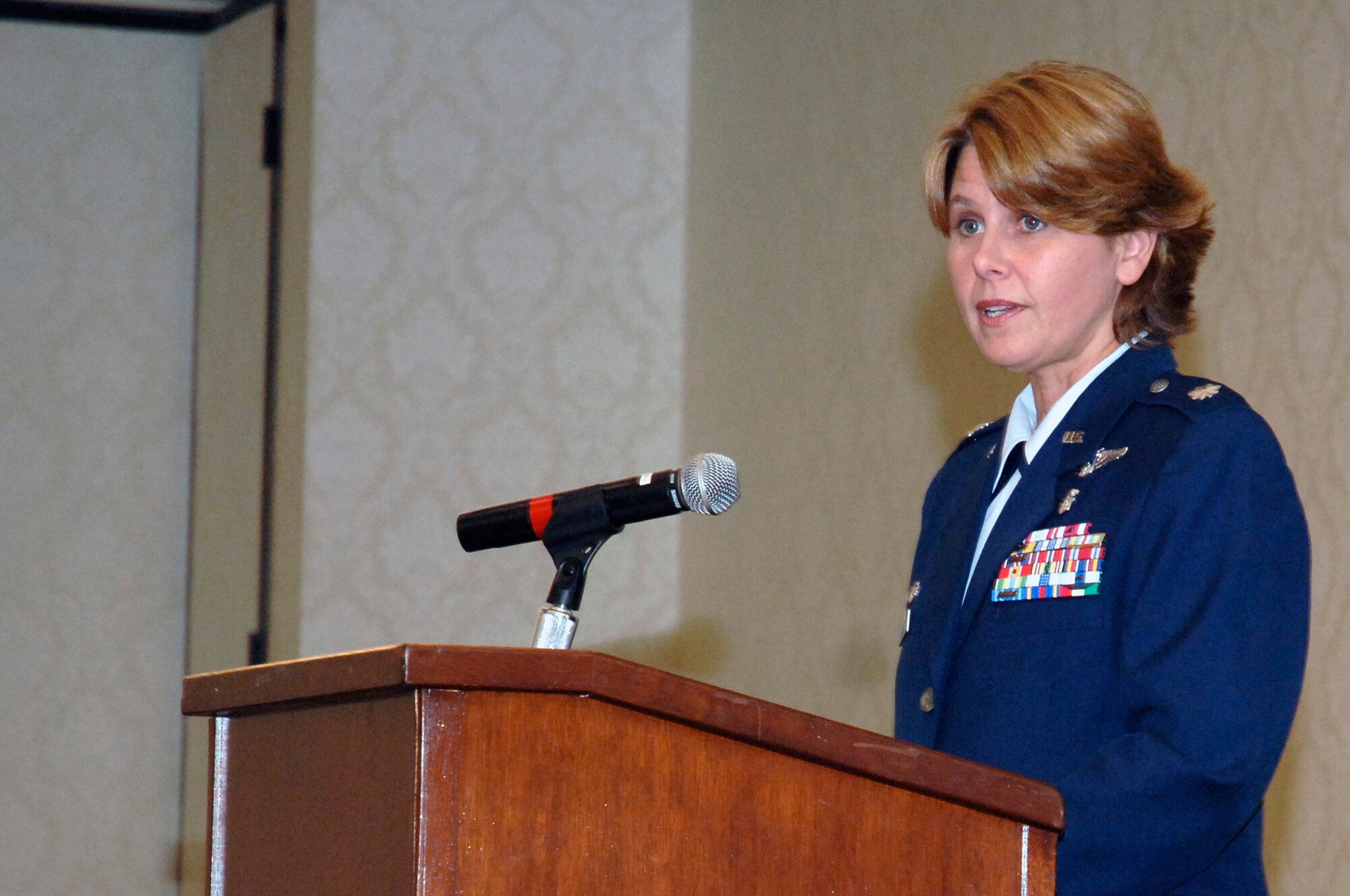 Lt. Col. Beverly Johnson, 437th Medical Operations Squadron commander, speaks at her assumption of command ceremony which was held at the Charleston Club June 19. (U.S. Air Force Photo/ Airman 1st Class Erica Stump)
