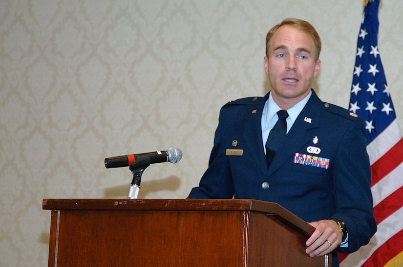 Lt. Col. James Barber, 437th Medical Support Squadron commander, speaks at his assumption of command ceremony which was held at the Charleston Club June 19. (U.S. Air Force Photo/ Airman 1st Class Erica Stump)
