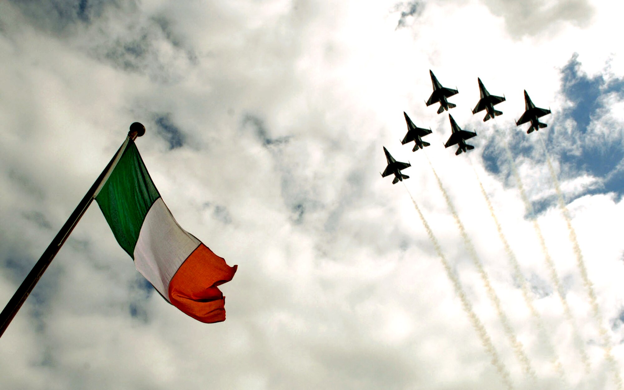 The Air Force Thunderbirds perform their delta formation over the Salthill Air Show in Galway, Ireland, June 22. This is the first time in the Thunderbirds have performed over Irish soil. (U.S. Air Force photo/Staff Sgt. Kristi Machado) 