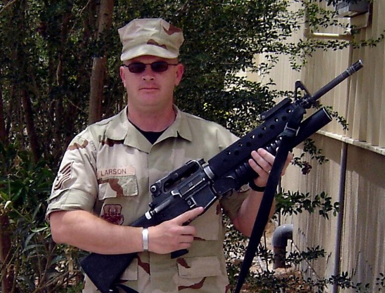 Master Sgt. Bryan Larson has deployed to Iraq four times since 1991. He received the Purple Heart for injuries he sustained while providing security for convoys during his last deployment in 2004. (U.S. Air Force photo)