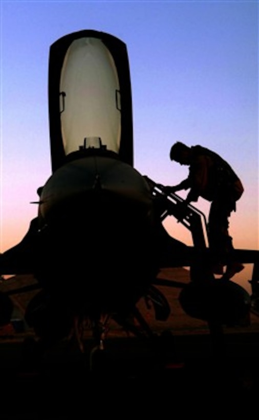 U.S. Air Force Lt. Col. Chris Yancy climbs down from his F-16 Fighting Falcon aircraft at Balad Air Base, Iraq, on June 25, 2007.  Yancy has just completed his 200th combat sortie.  