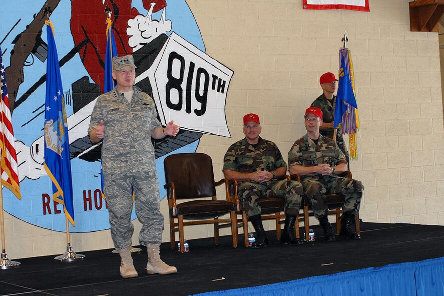 Lt. Gen. Robert Elder, Jr., 8th Air Force commander, talks about the creation of Cyberspace Command and the future of the Air Force at the 819th RED HORSE Squadron change of command June 20. (U.S. Air Force photo/Christy Mason)