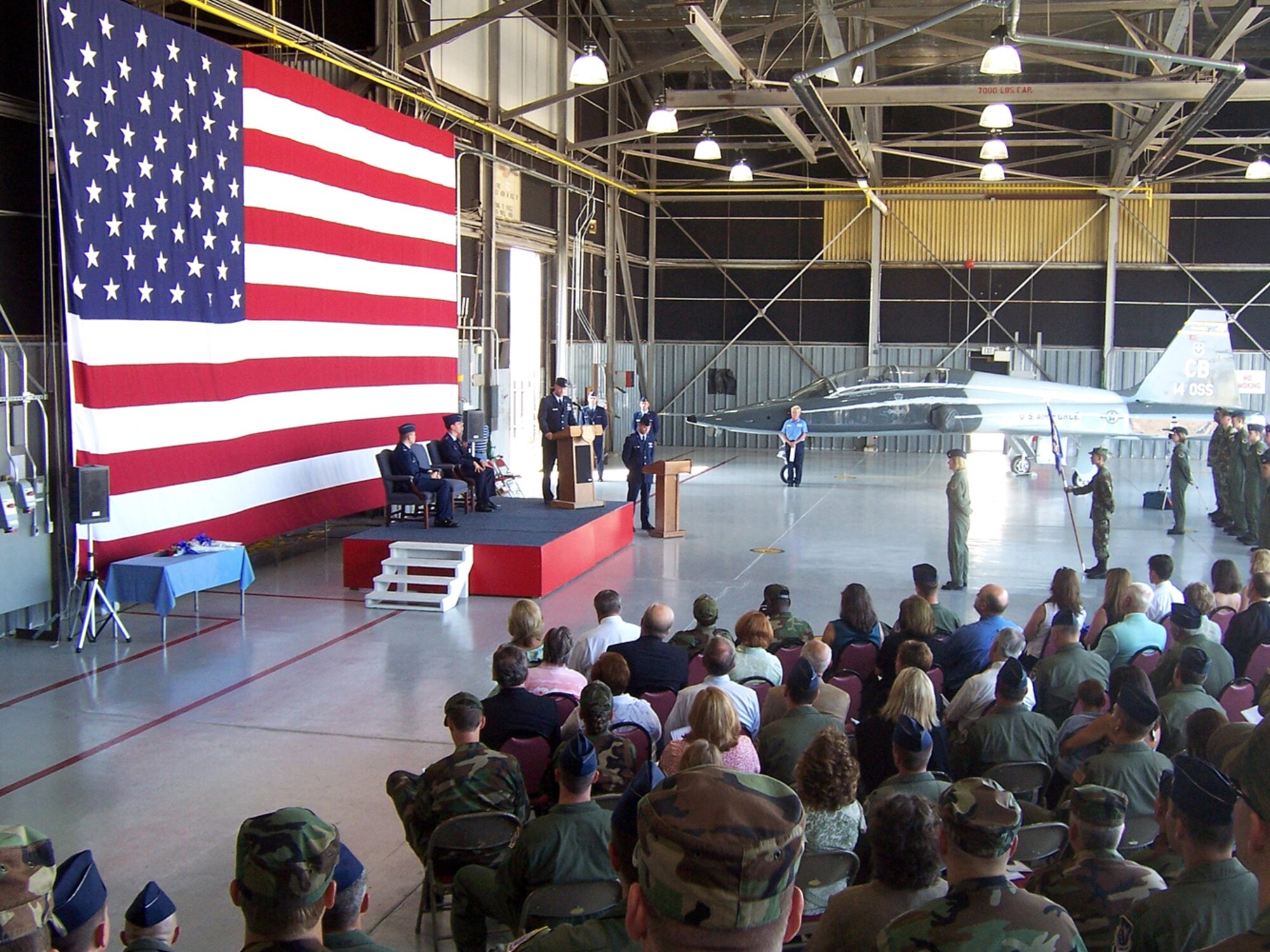 Lt. Col. David Gossett  assumed command of the 14th Operations Support Squadron at a ceremony Thursday at Hangar 4. The 14th OSS provides support to Specialized Undergraduate Pilot Training to include ground and simulator training, academic instruction, contract quality assurance, air traffic control, flight records management, weather support, life support, airfield and airspace management, programming of 94,000 flying hours, transition and international officer management and SUPT special event oversight. (U.S. Air Force Photo by Sonic Johnson)