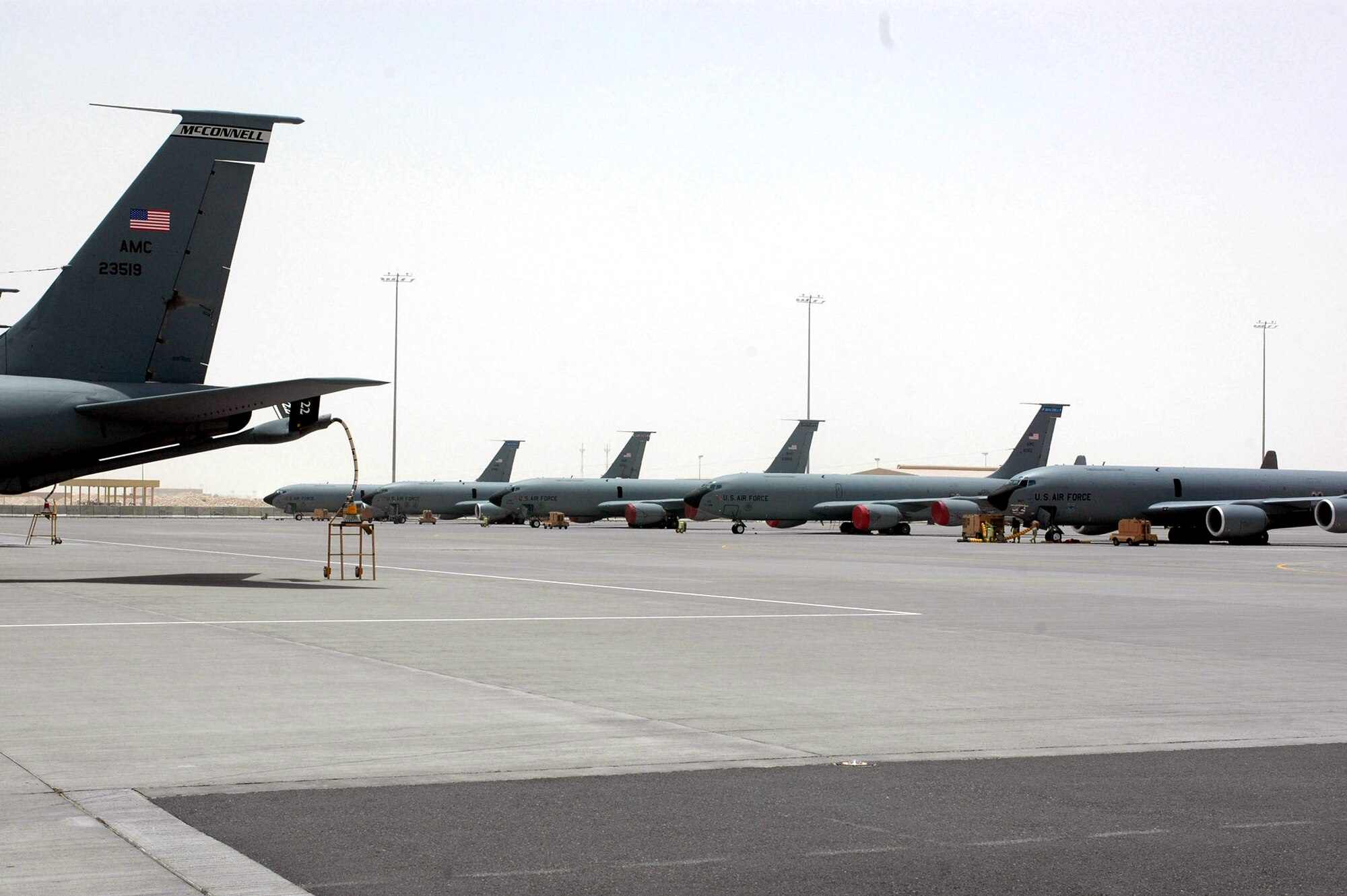 KC-135 Stratotankers with the 379th Air Expeditionary Wing at a base in Southwest Asia await their next missions. These aerial refuelers greatly enhance the Air Force's global reach and global power. They also provide refueling support to Navy and Marine aircraft and aircraft of allied nations. The KC-135 is capable of transporting litter and ambulatory patients during aeromedical evacuations by using patient-support pallets. (U.S. Air Force photo/Staff Sgt. Cassandra Locke)
