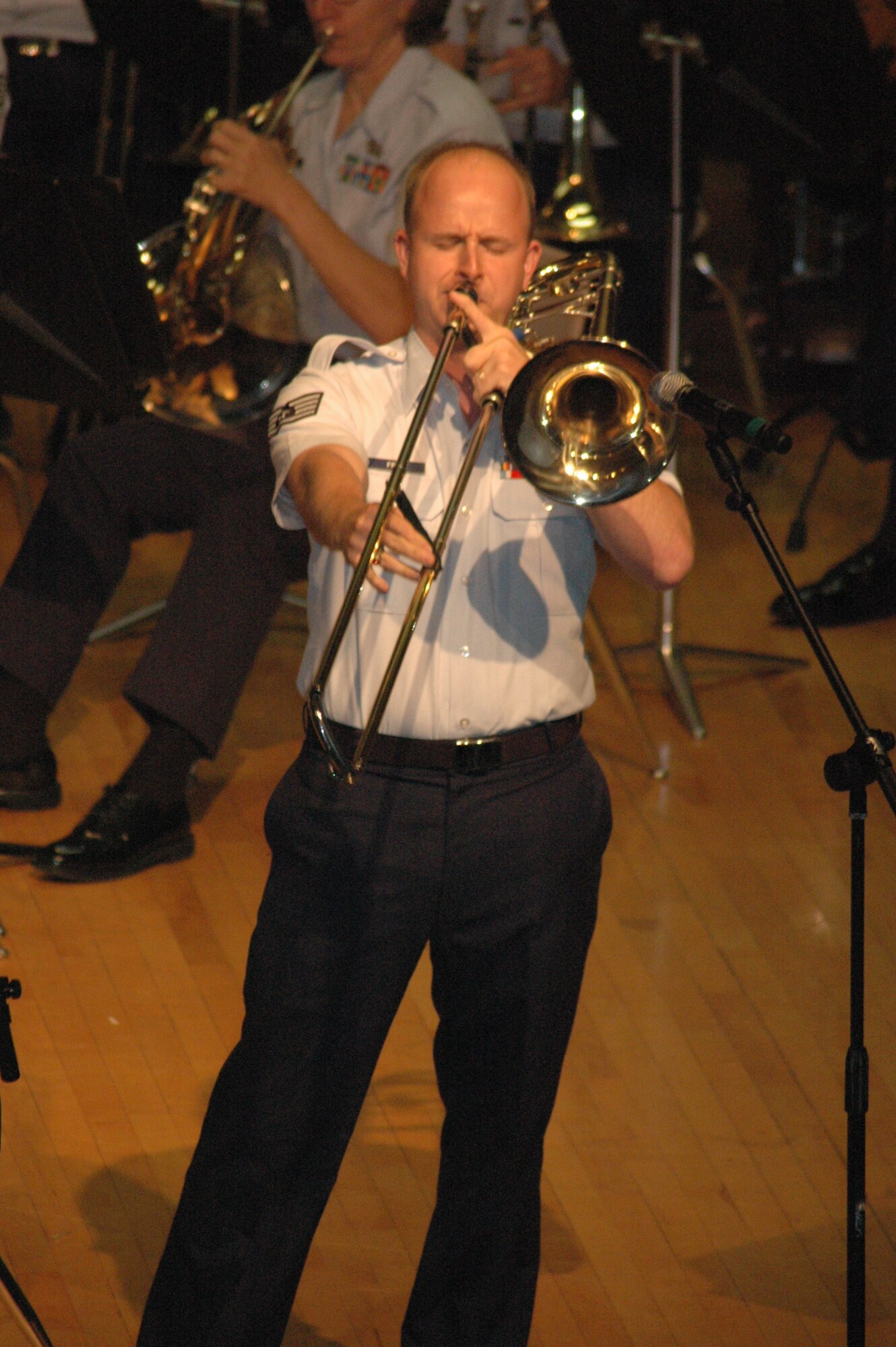 Staff Sgt. Joseph Frye, a musician with the Air National Guard Band of the Smoky Mountains, plays "Blue Bells of Scotland" June 27 during a concert in McMinnville, Tenn. The concert was part of the Air Force’s 60th anniversary celebration. (Photo by Tim White)