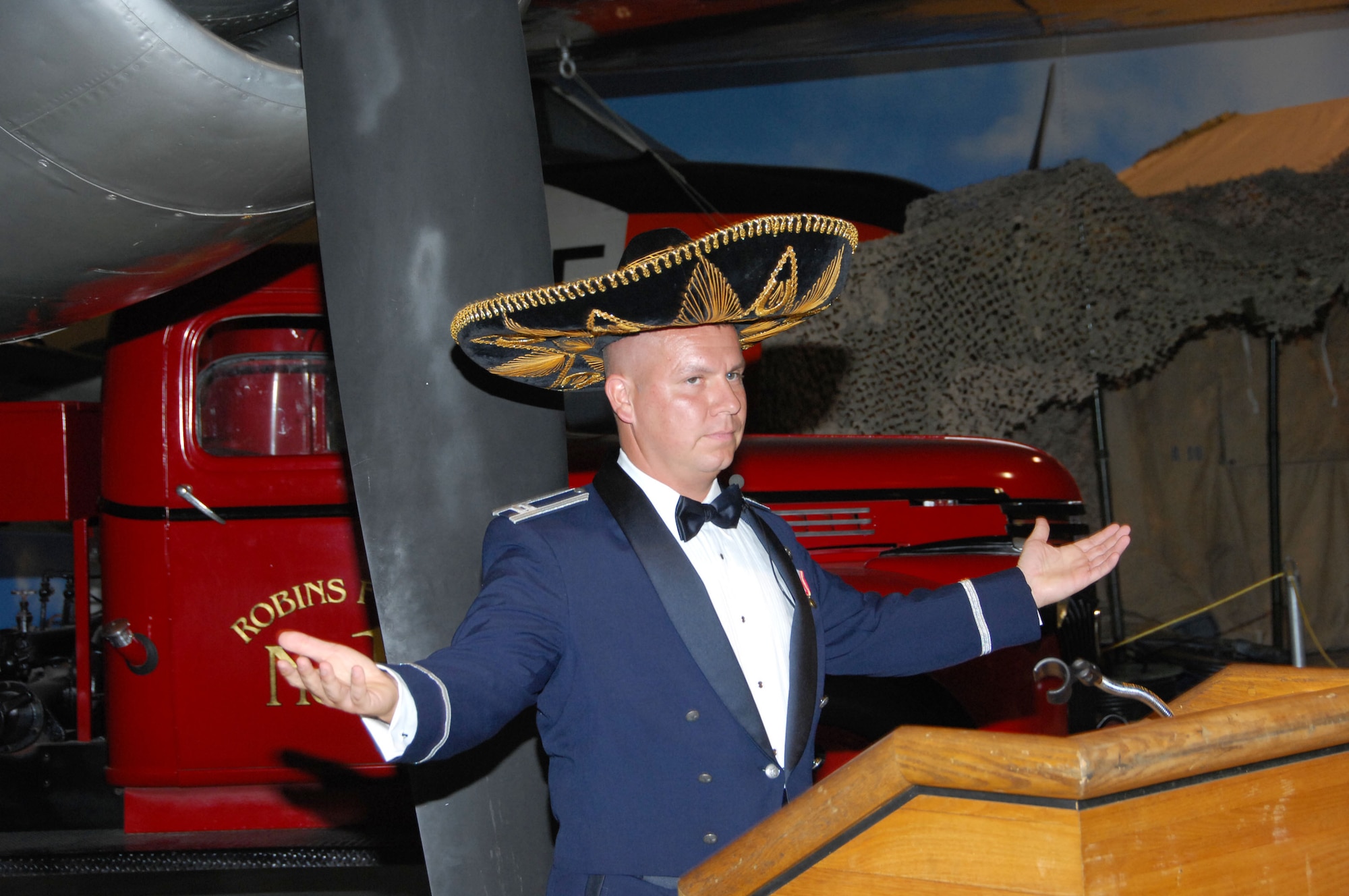Capt. Jason Huffman, with the 78th Operations Support Squadron, shows off his sombrero at the 78th ABW Dining-In June 22. U. S. Air Force photo by Claude Lazzara