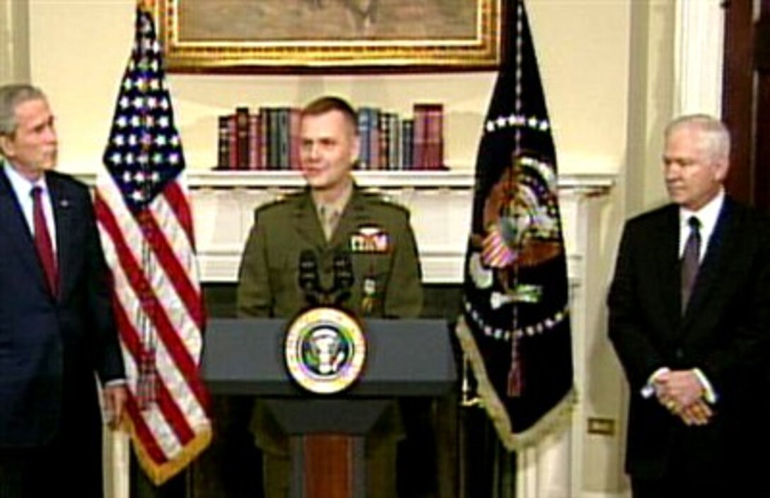 President Bush and Defense Secretary Robert M. Gates listen to Marine Gen. James E. Cartwright (center) respond to President Bush's nomination of the general for Vice Chairman of the Joint Chiefs of Staff, June 28, 2007, from the White House. Chief of Naval Operations Adm. Michael G. Mullen is nominee for Chairman. 