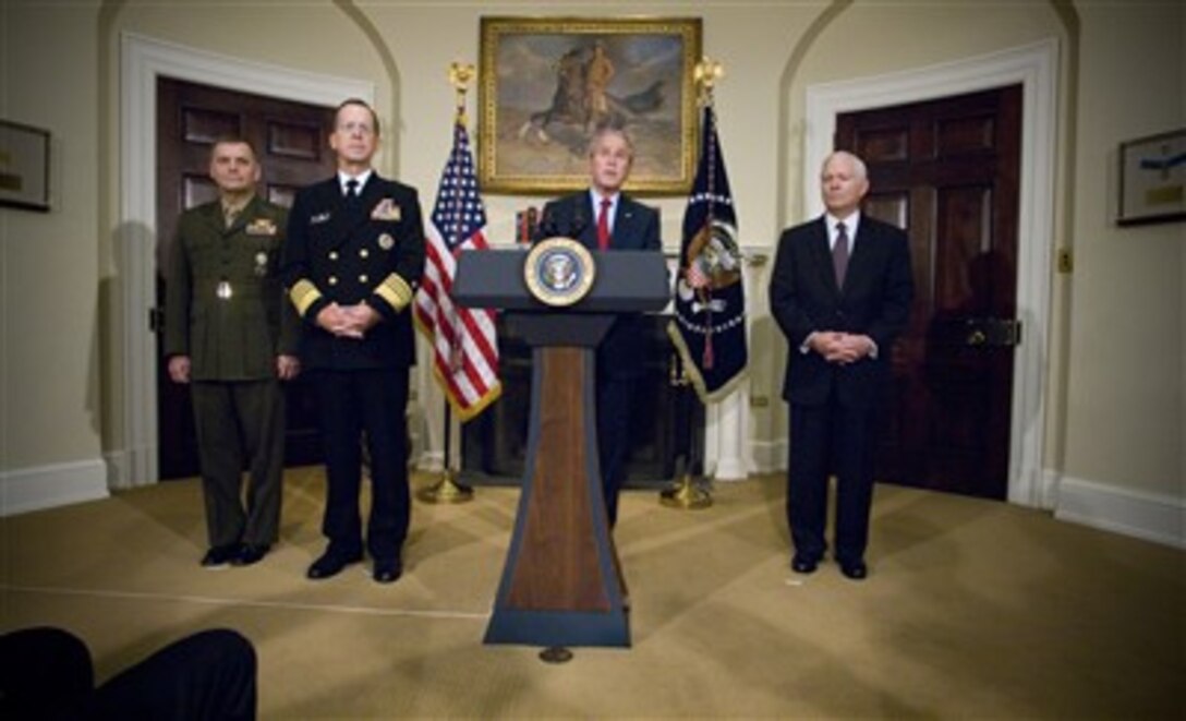 President Bush announces his nominations of current Chief of Naval Operations Adm. Michael Mullen and Commander, United States Strategic Command, Marine Gen. James E. Cartwright to be chairman and vice chairman of the Joint Chiefs of Staff, in the Roosevelt Room at the White House, June 28, 2007.