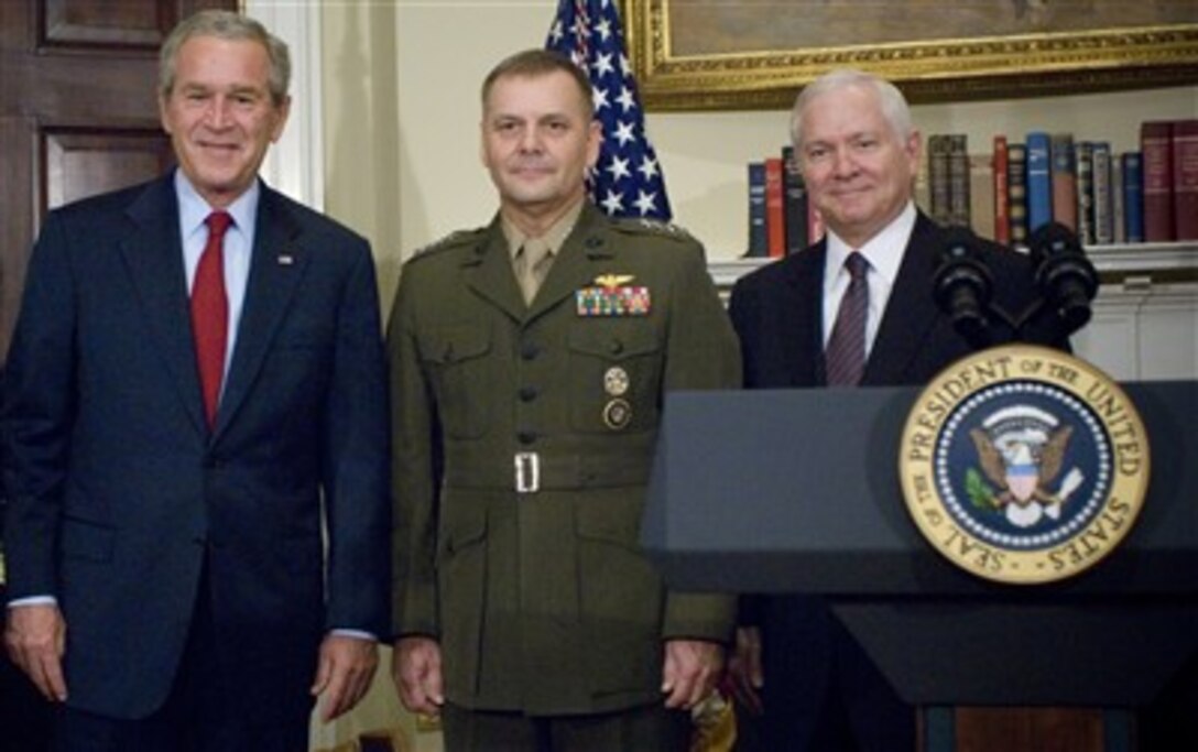 President Bush and Defense Secretary Robert M. Gates stand with Marine Gen. James E. Cartwright (center) after Bush's announcement that Cartwright is nominee for vice chairman of the Joint Chiefs of Staff, June 28, 2007, at the White House. Chief of Naval Operations Adm. Michael G. Mullen is nominee for chairman. 